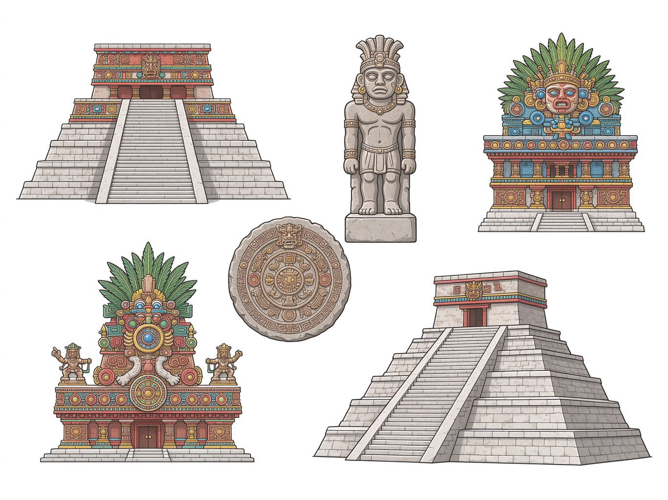 Aztec temple annotated picture vocabulary with labeled objects