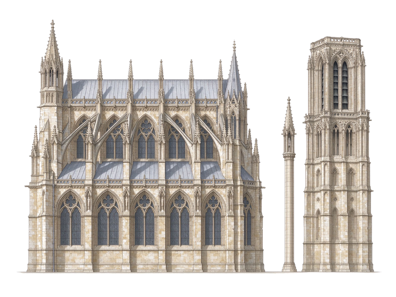 Gothic cathedral annotated picture vocabulary with labeled objects