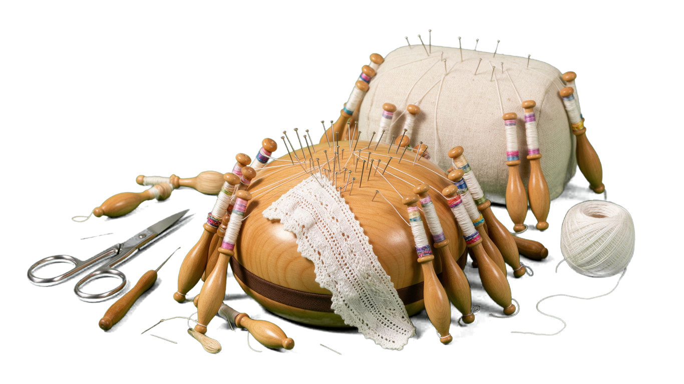 Bobbin lace annotated picture vocabulary with labeled objects