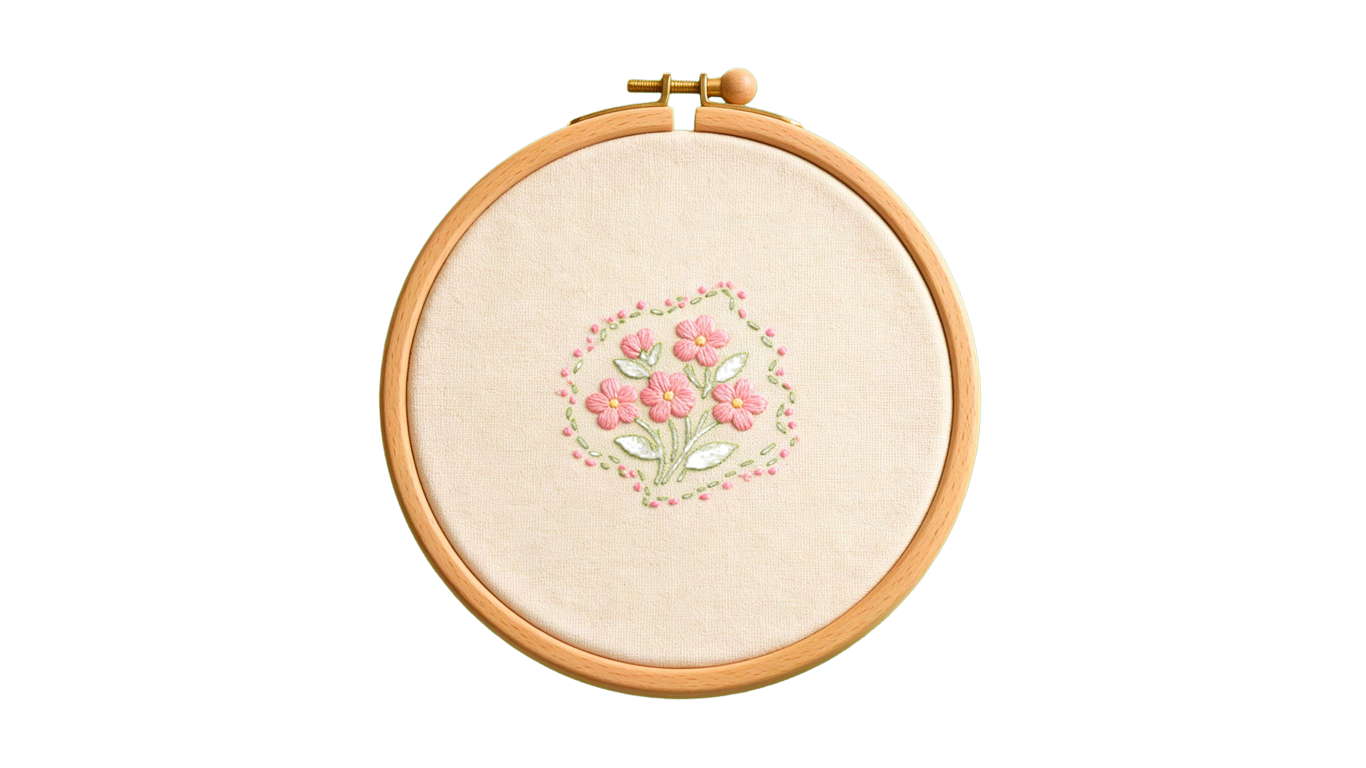 Embroidery hoop annotated picture vocabulary with labeled objects