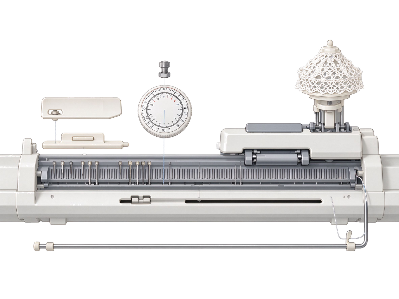 Knitting machine needle bed and carriage annotated picture vocabulary with labeled objects