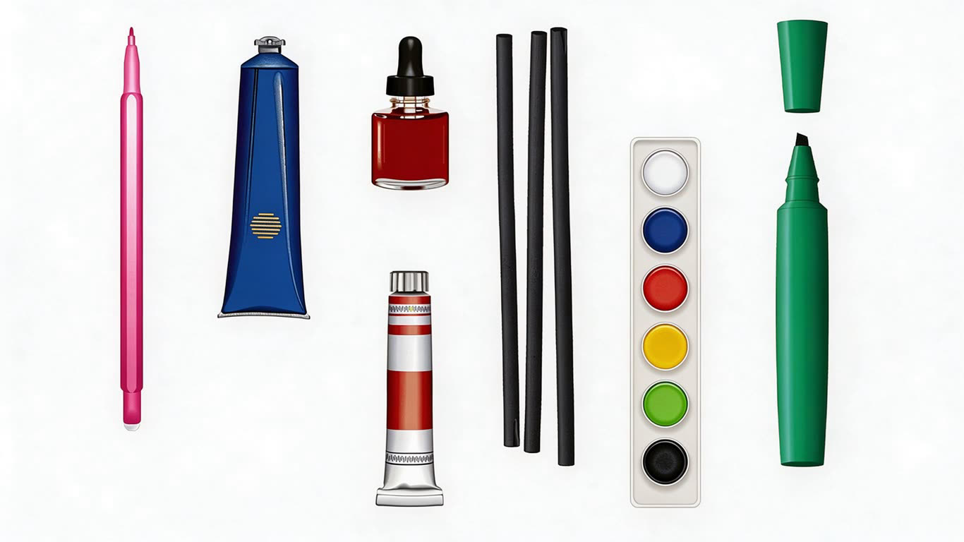 Painting and drawing tools annotated picture vocabulary with labeled objects