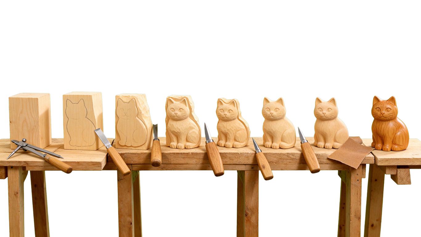 Wood Carving Steps annotated picture vocabulary with labeled objects