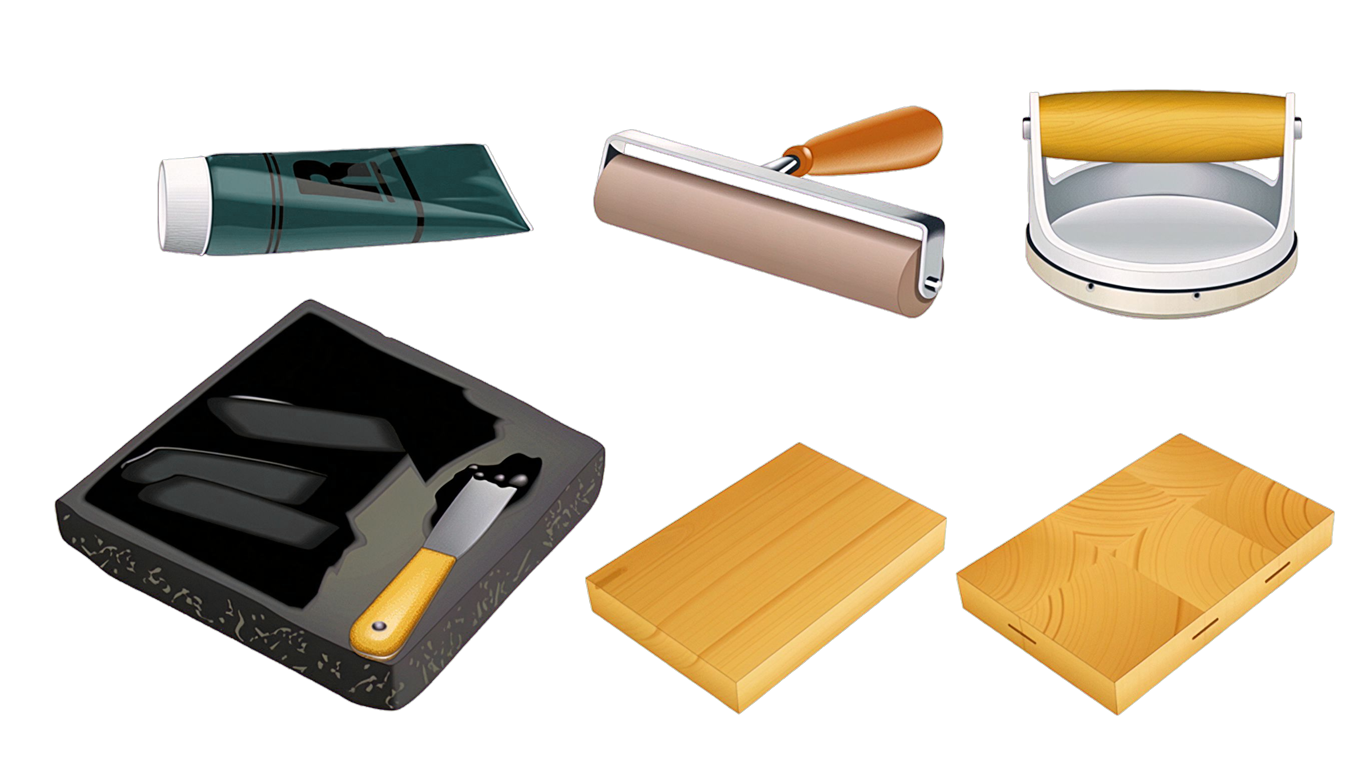 Relief Printing Tools annotated picture vocabulary with labeled objects