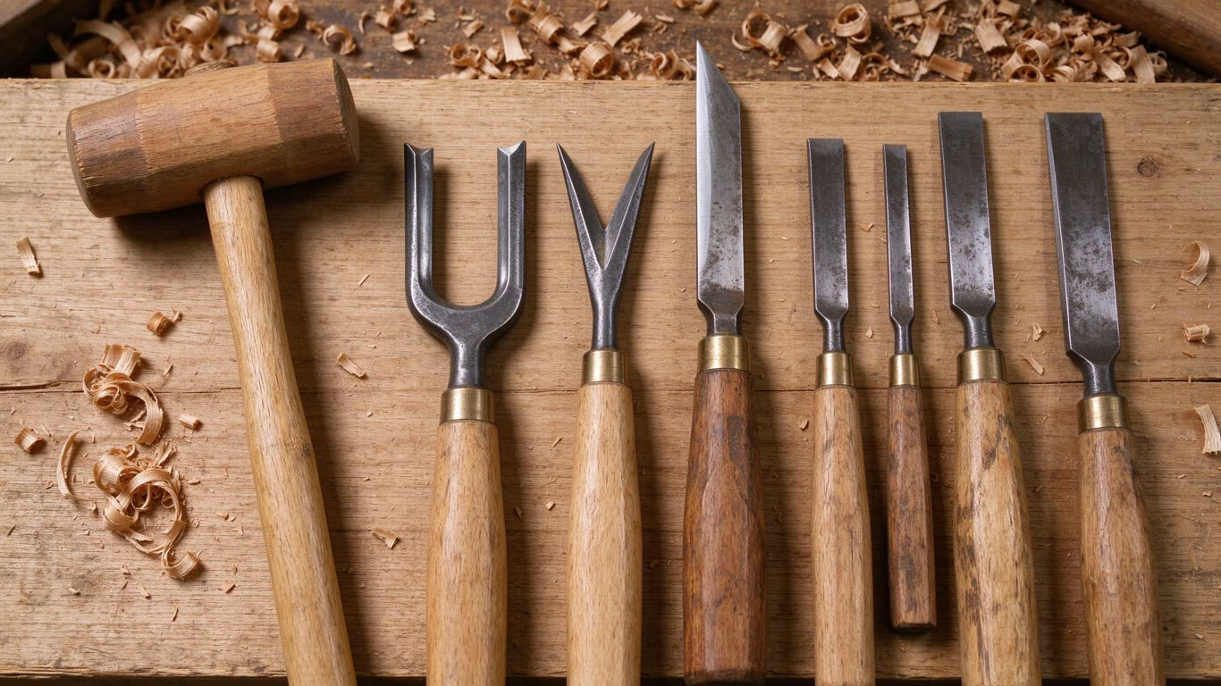 Woodcut Tools annotated picture vocabulary with labeled objects