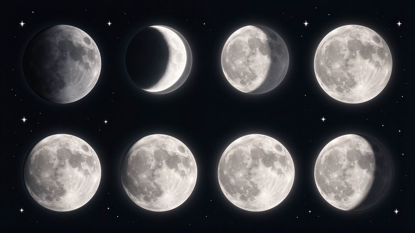 Moon phases annotated picture vocabulary with labeled objects
