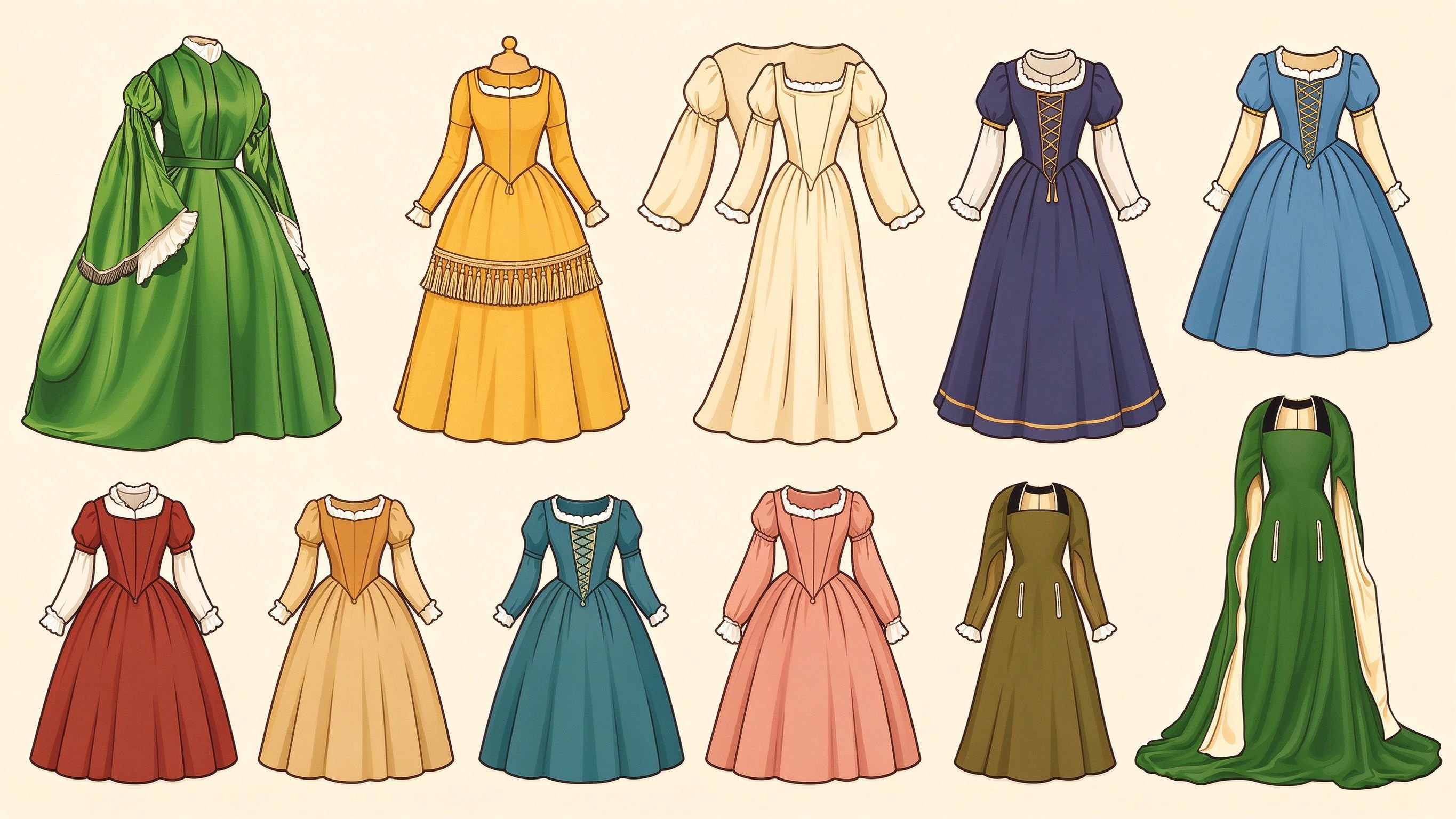 Historical costume elements III annotated picture vocabulary with labeled objects
