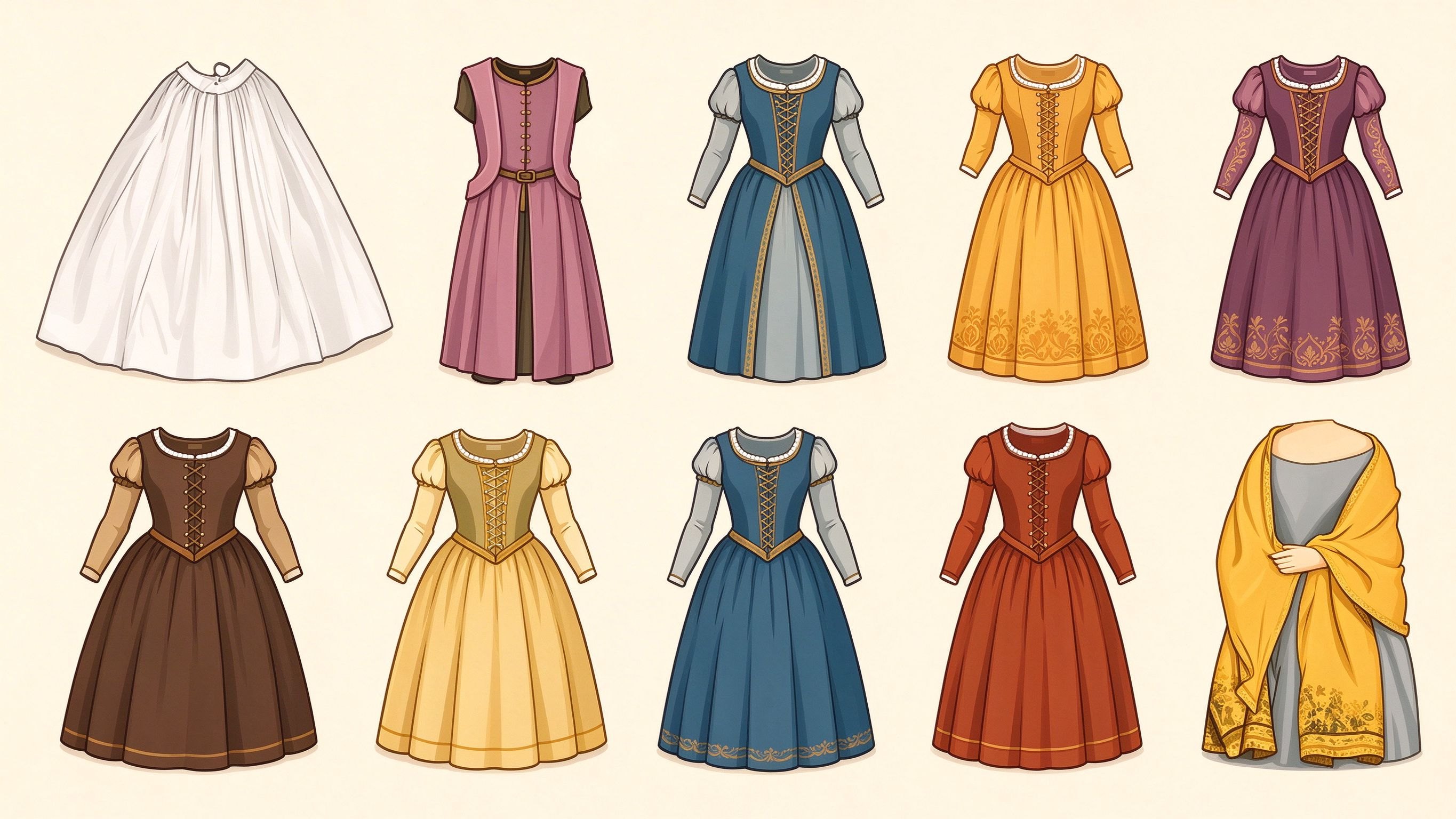 Ancient costume elements annotated picture vocabulary with labeled objects
