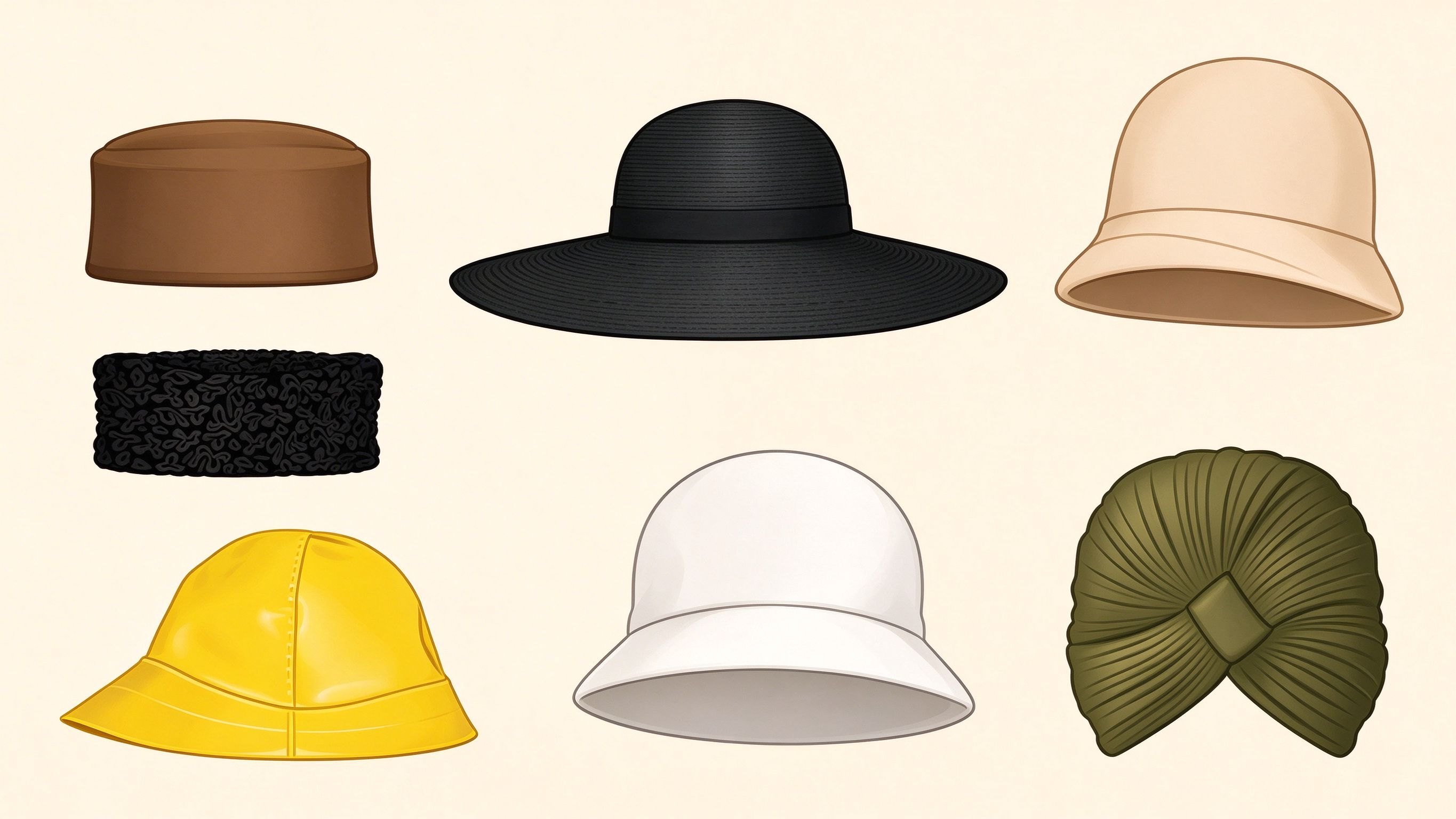 Women's headwear annotated picture vocabulary with labeled objects