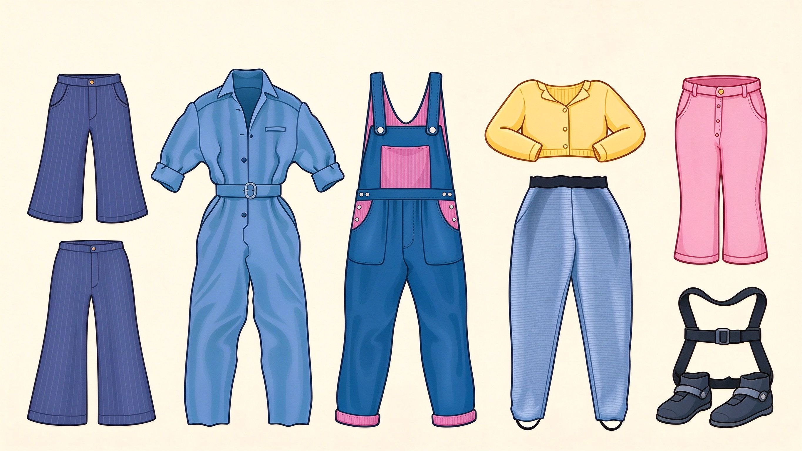 Women's pants examples annotated picture vocabulary with labeled objects
