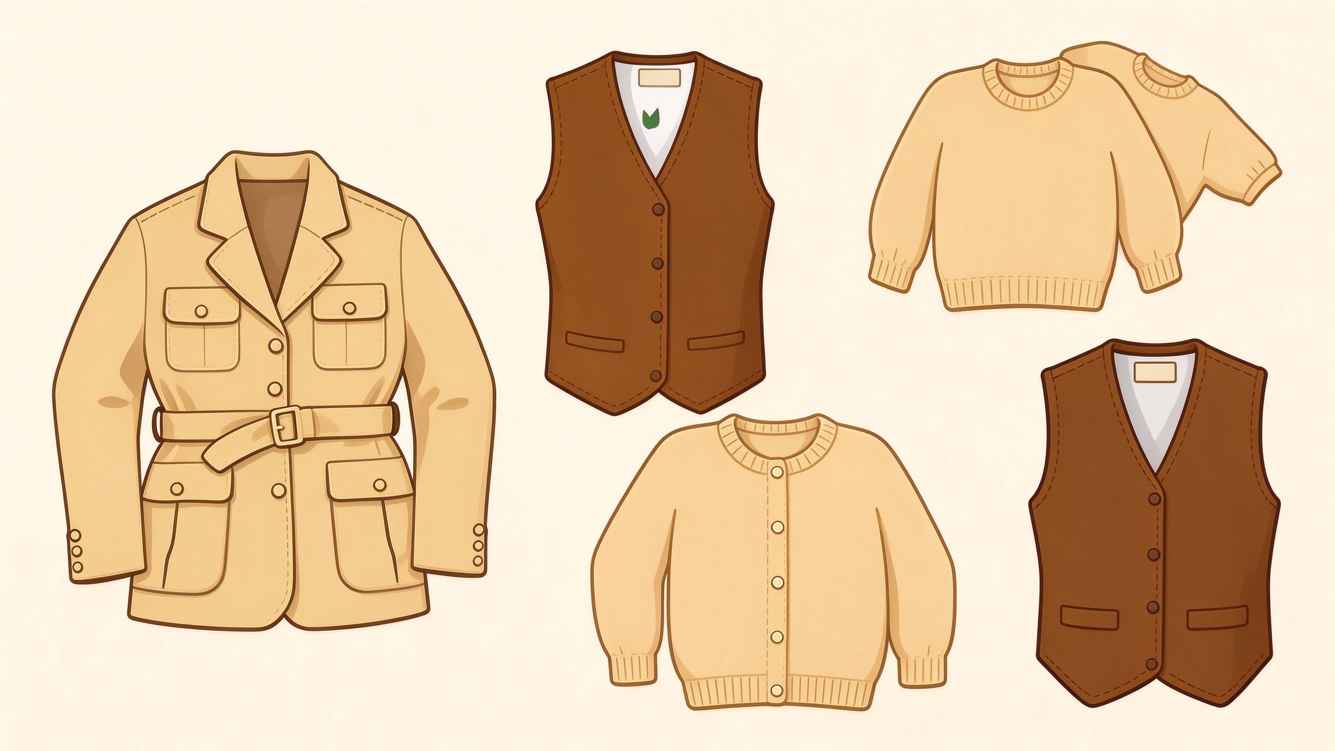 Women's jackets, vests and sweaters annotated picture vocabulary with labeled objects