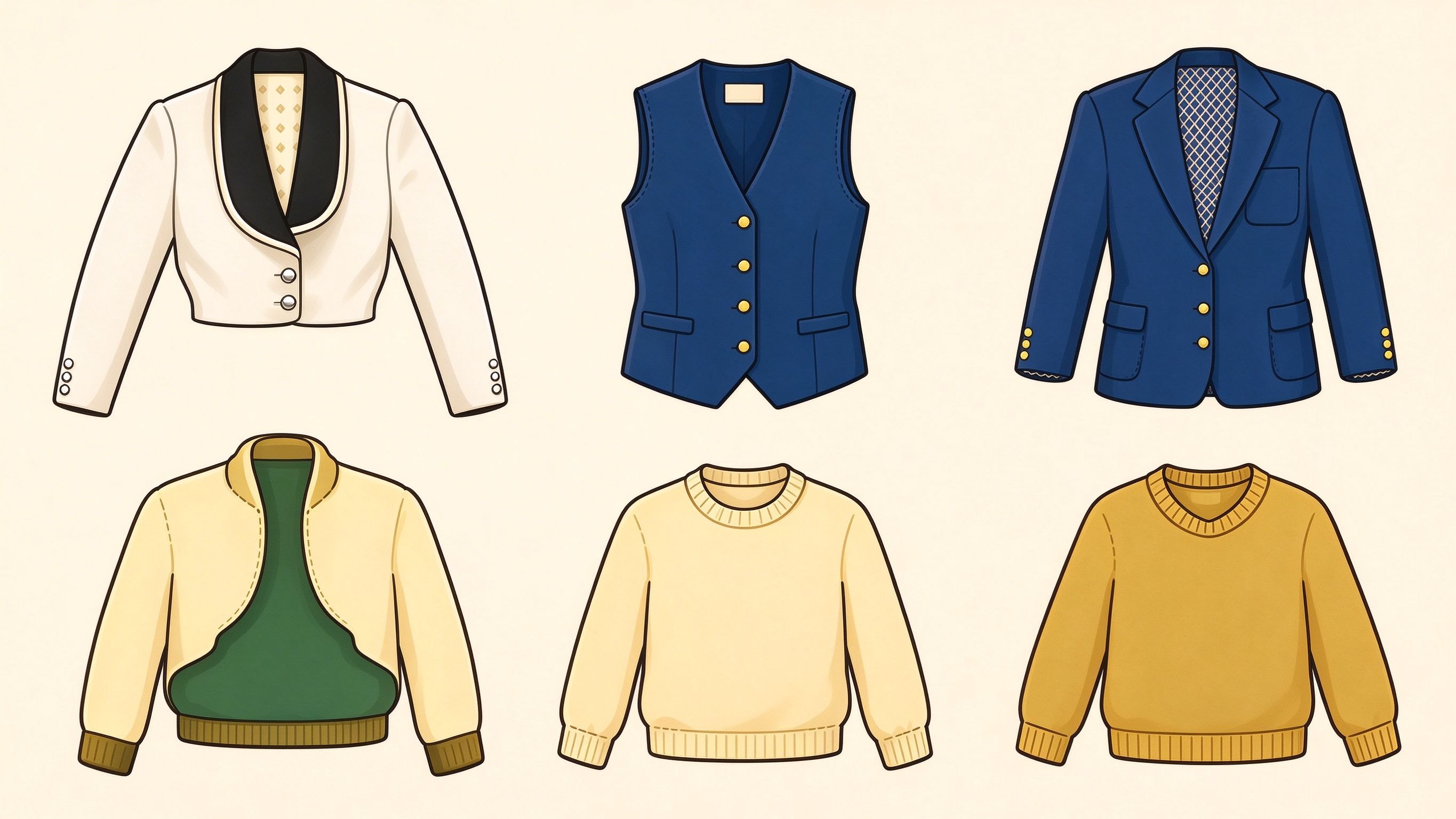 Jackets, vests and sweaters annotated picture vocabulary with labeled objects
