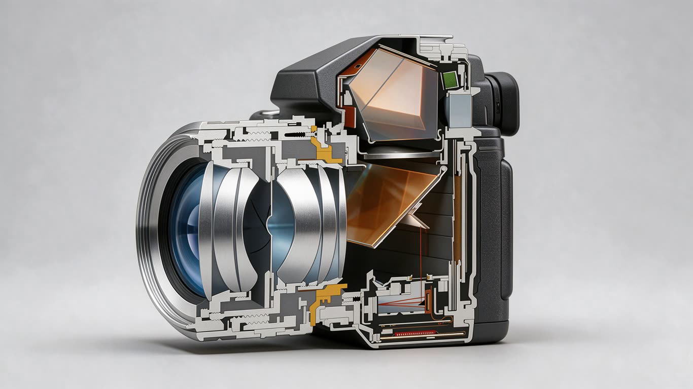 SLR camera cutaway annotated picture vocabulary with labeled objects