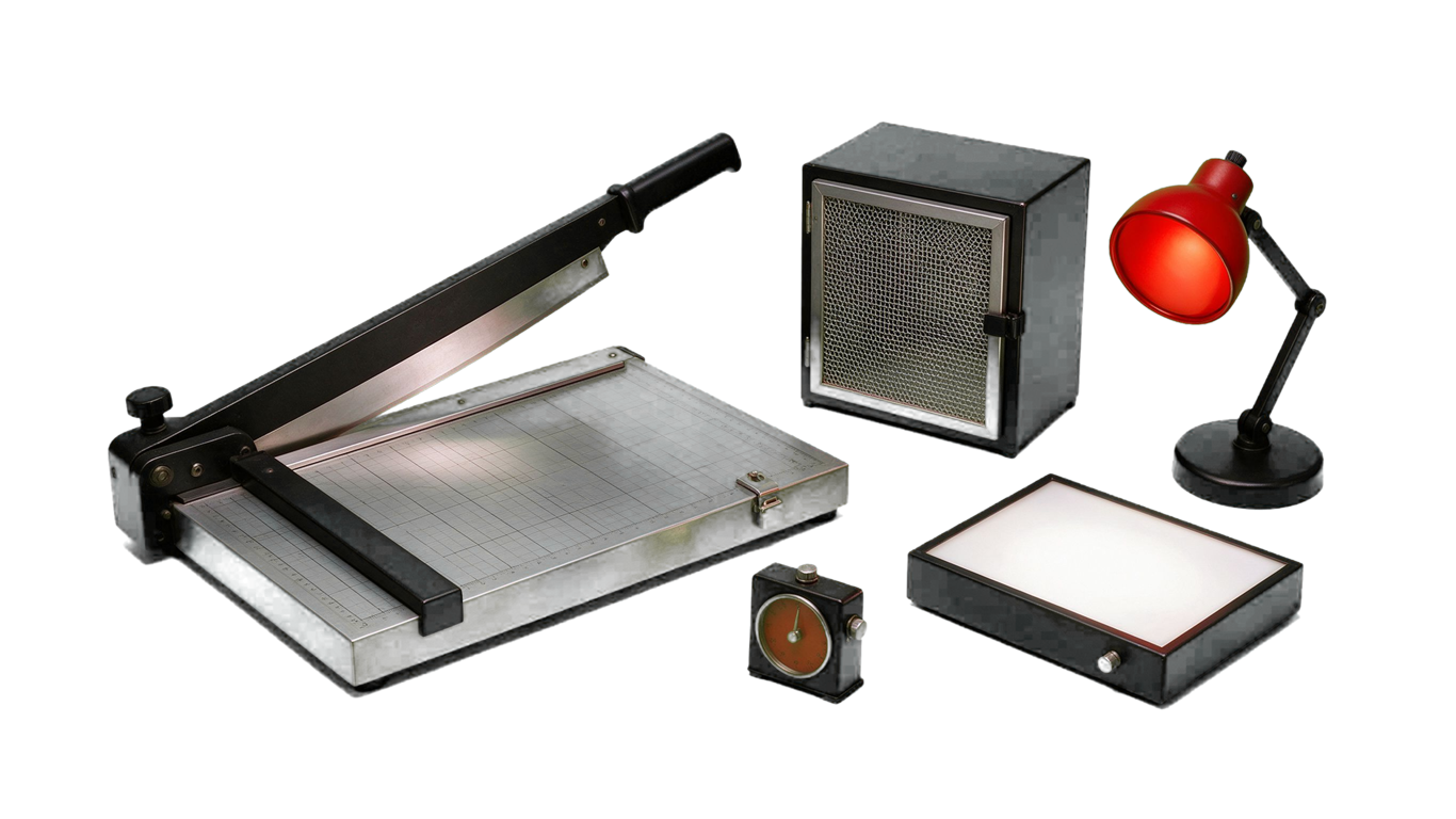 Darkroom equipment annotated picture vocabulary with labeled objects