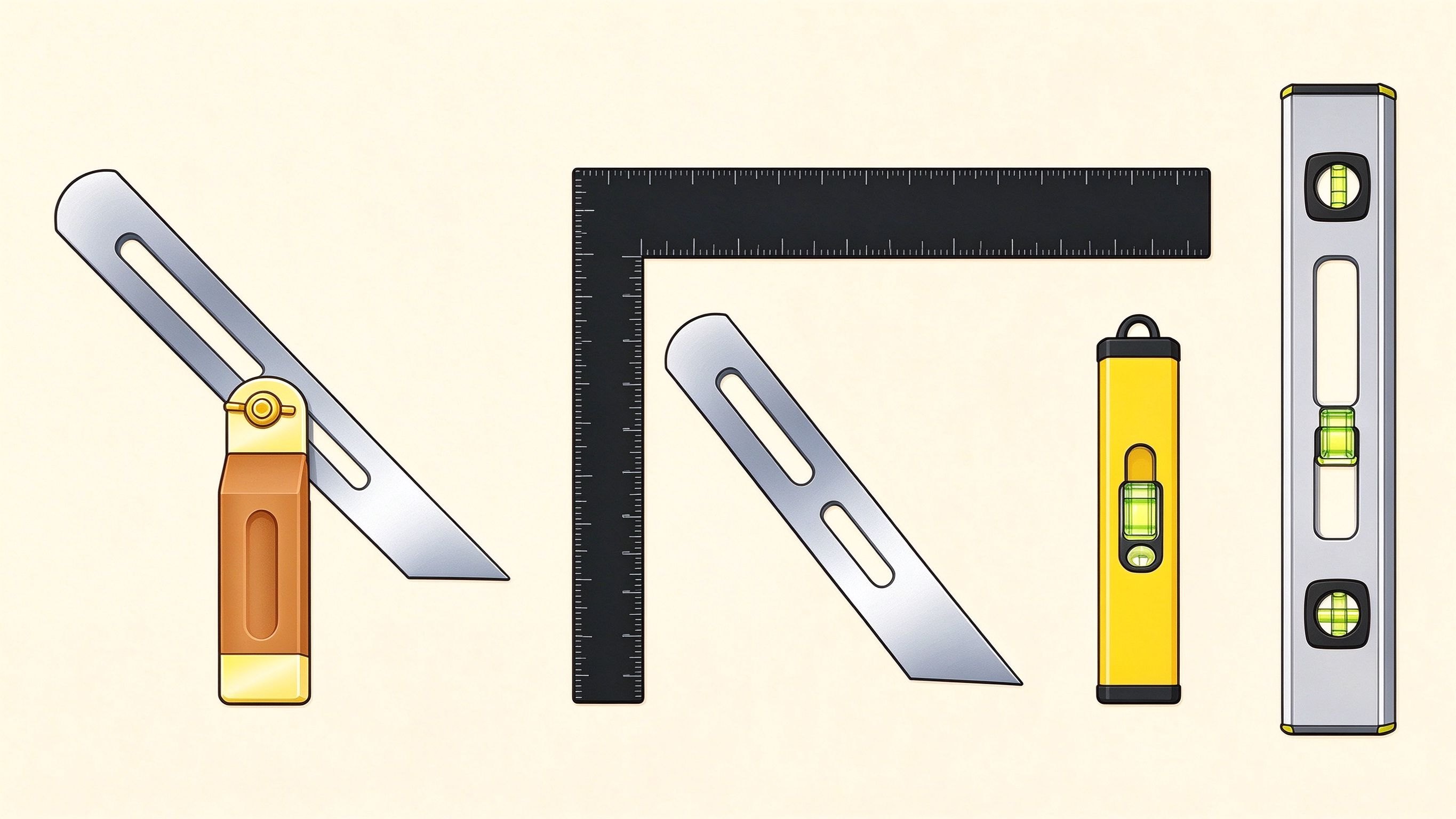 Woodworking measuring and marking tools annotated picture vocabulary with labeled objects
