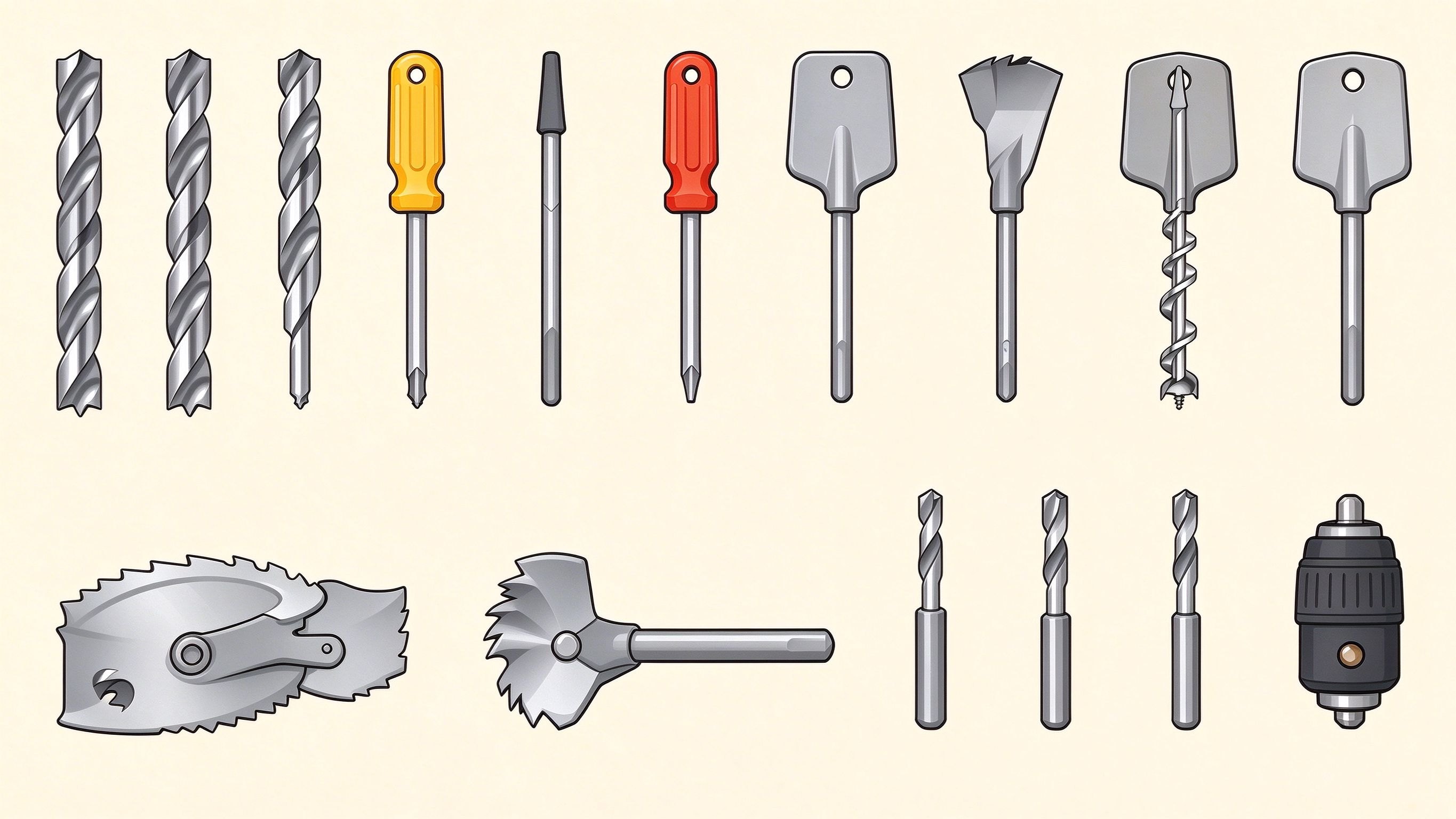 Drill bits and drilling tools annotated picture vocabulary with labeled objects