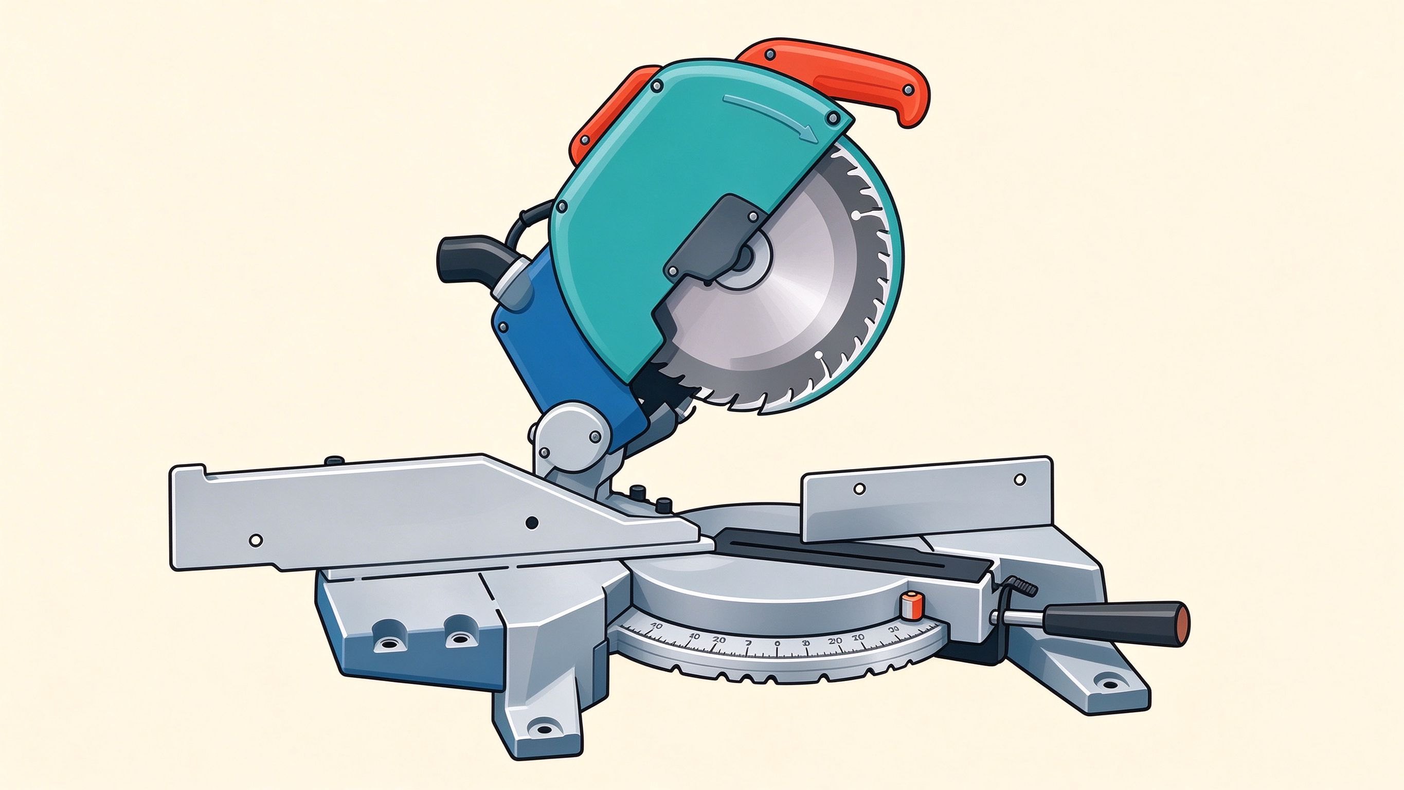 Power miter saw annotated picture vocabulary with labeled objects