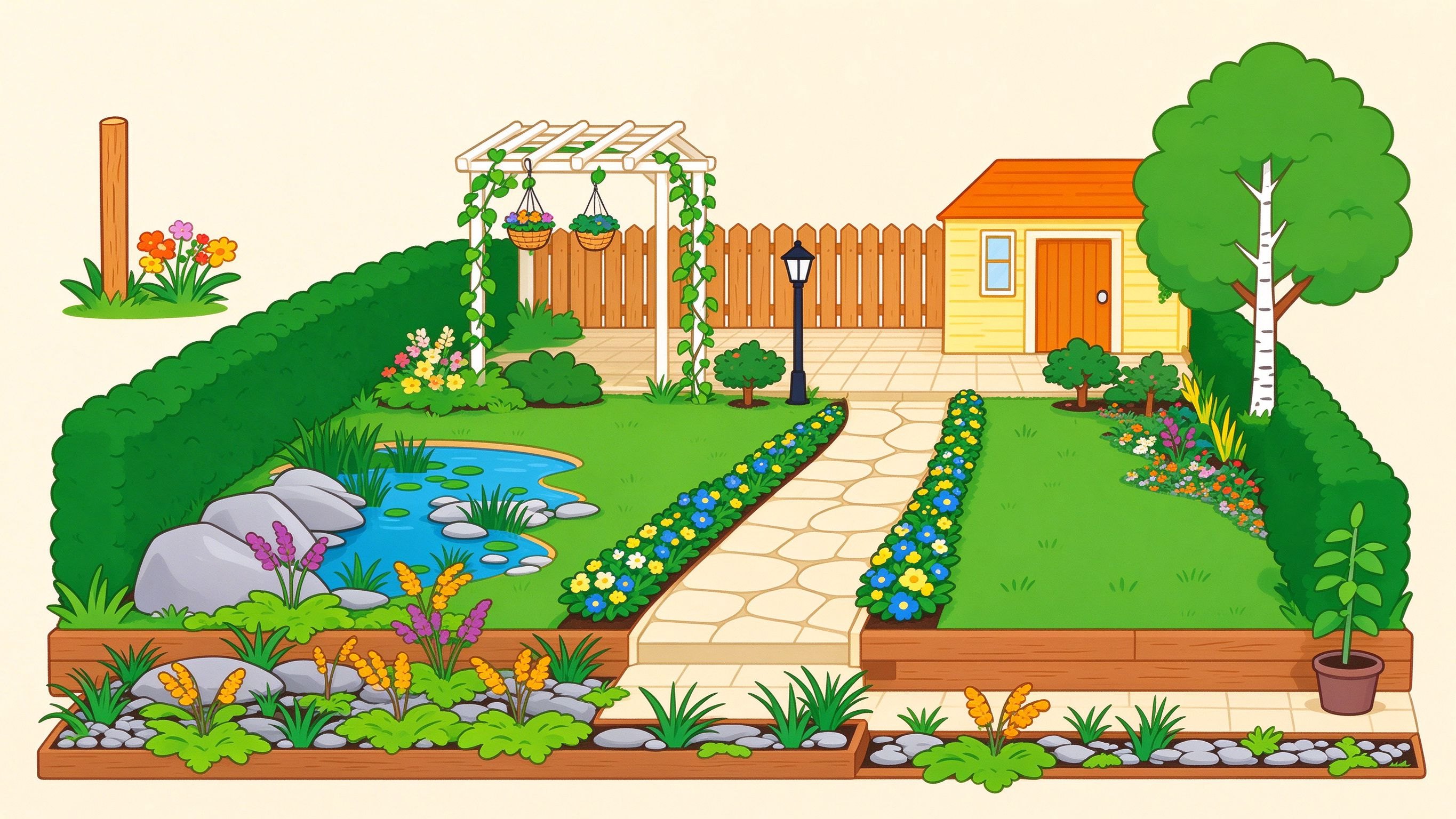 Leisure garden annotated picture vocabulary with labeled objects
