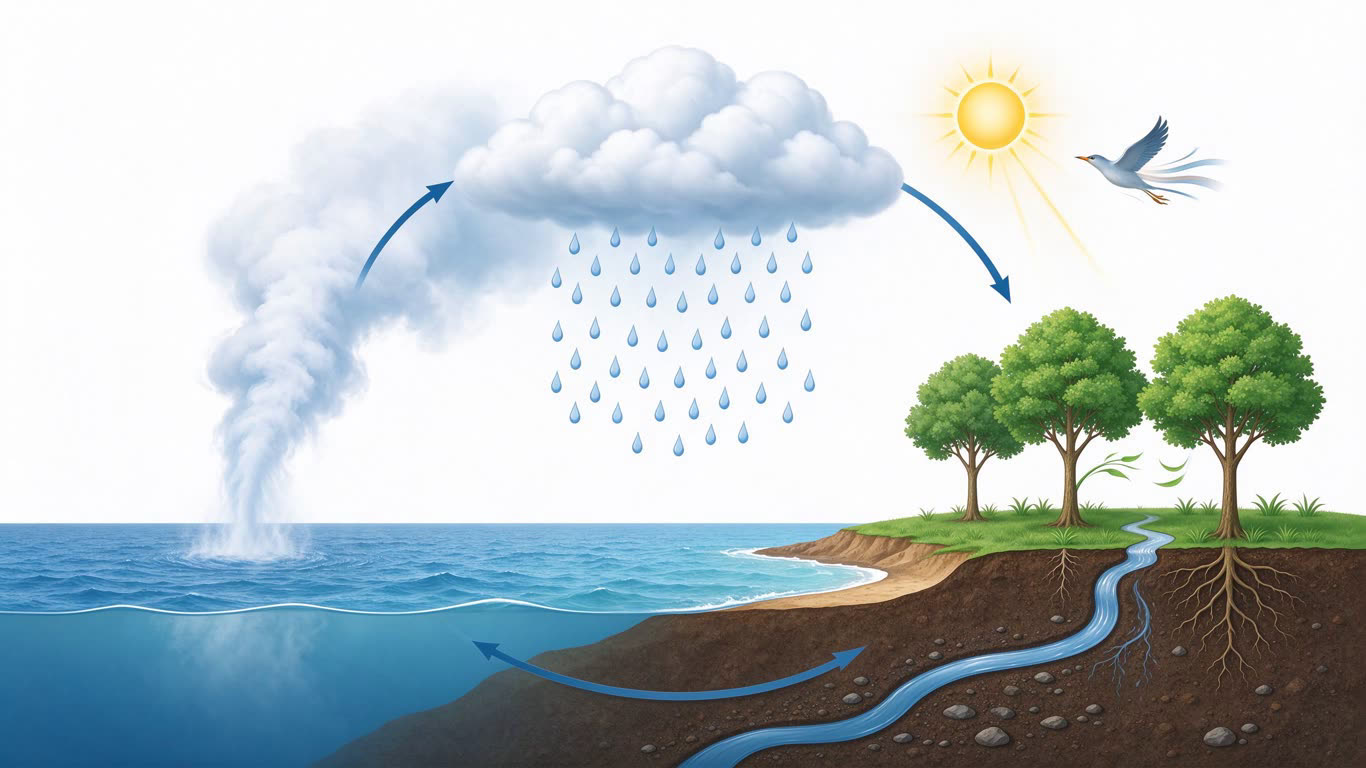 Water cycle annotated picture vocabulary with labeled objects