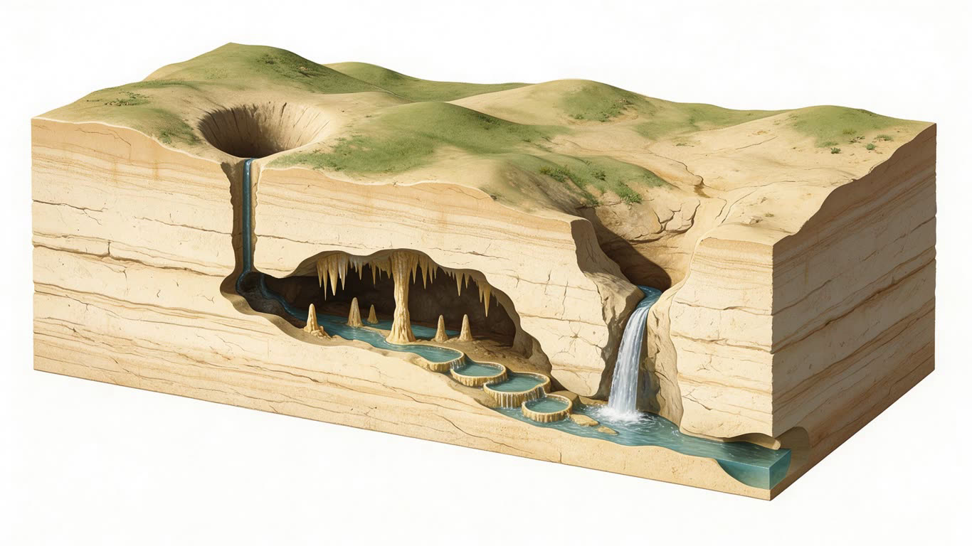 Karst cave landscape annotated picture vocabulary with labeled objects