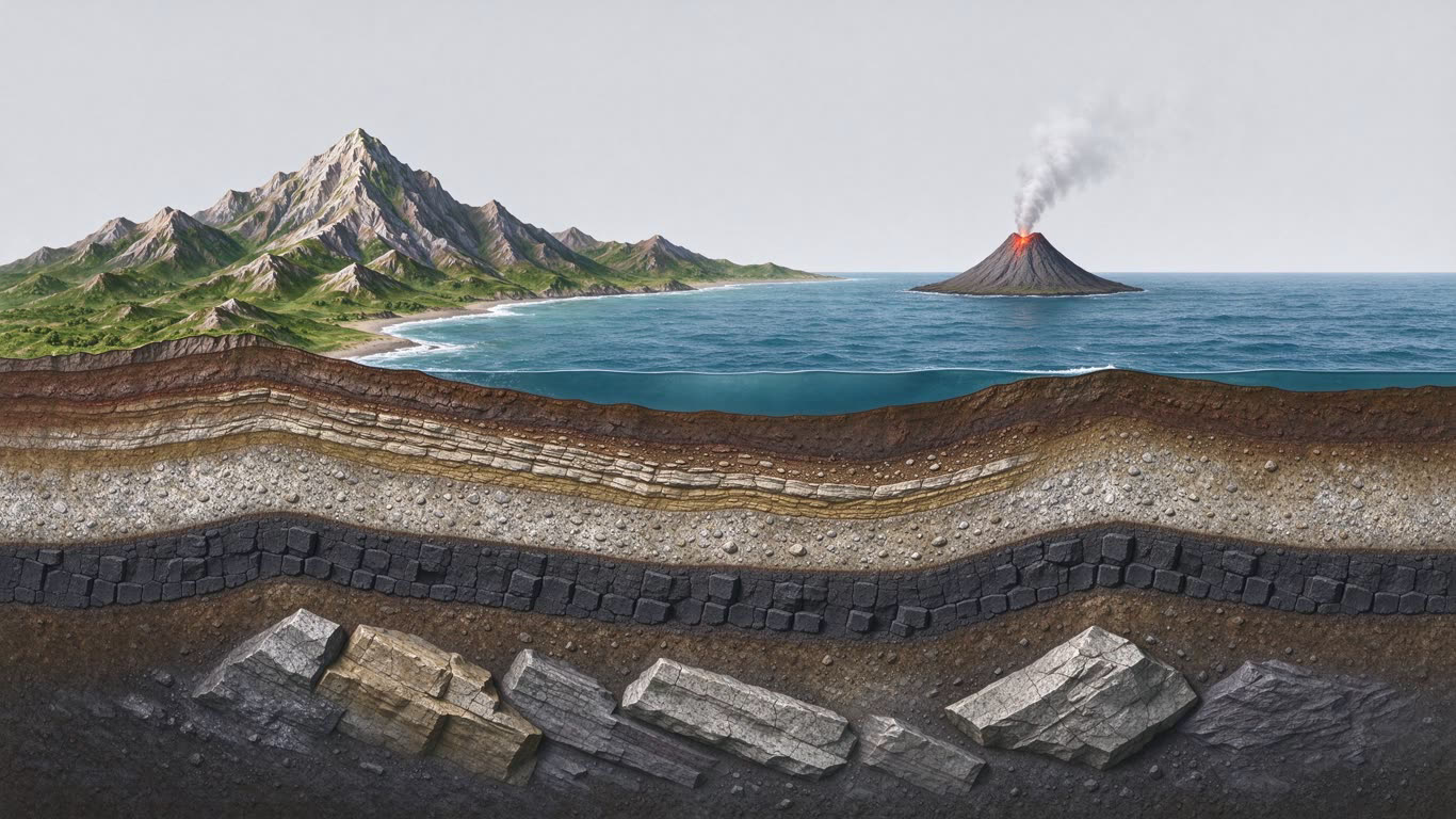 Earth's crust cross-section annotated picture vocabulary with labeled objects
