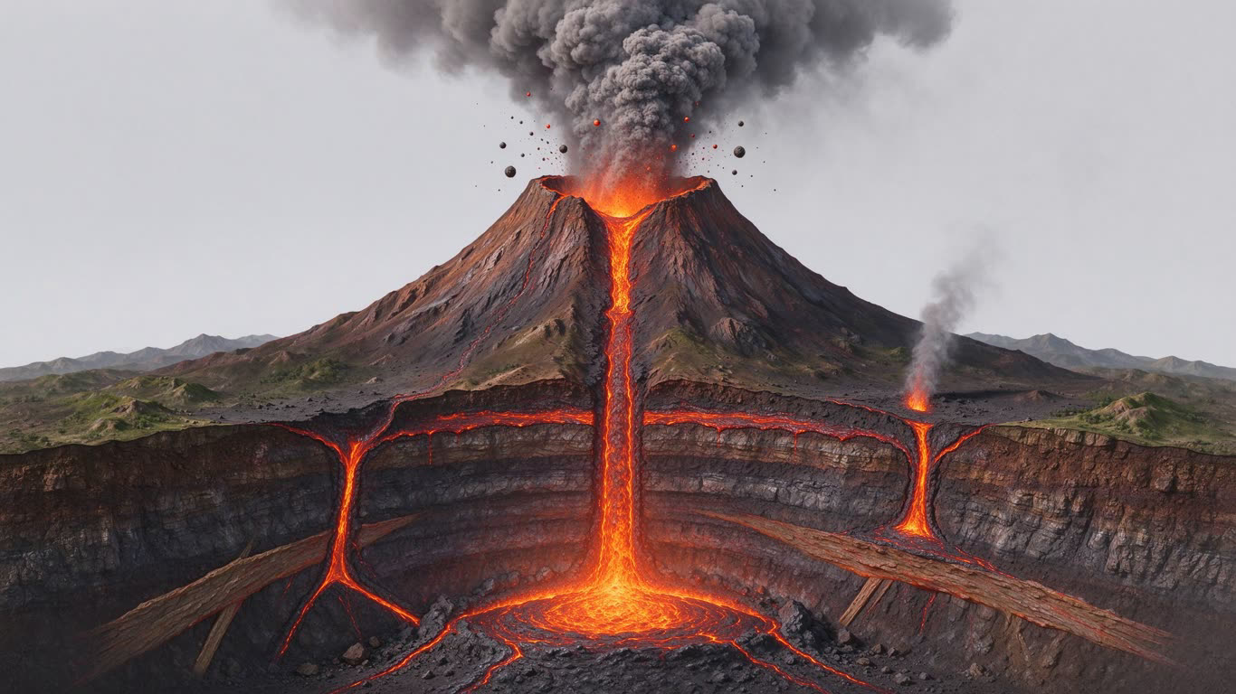 Erupting volcano annotated picture vocabulary with labeled objects