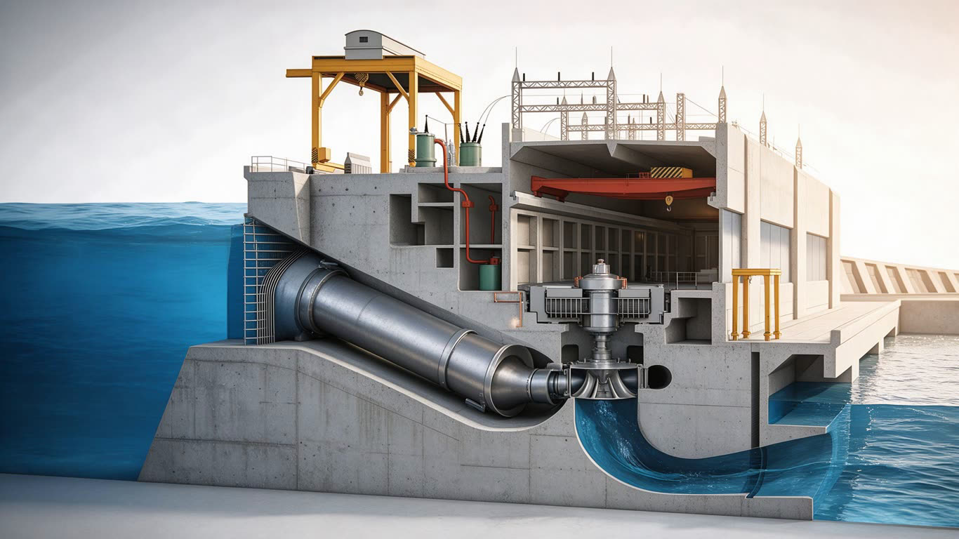 Hydroelectric plant cross-section annotated picture vocabulary with labeled objects