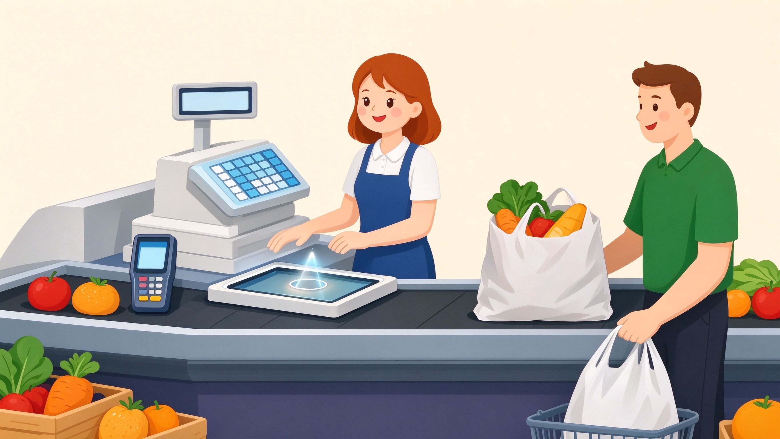Supermarket checkout annotated picture vocabulary with labeled objects
