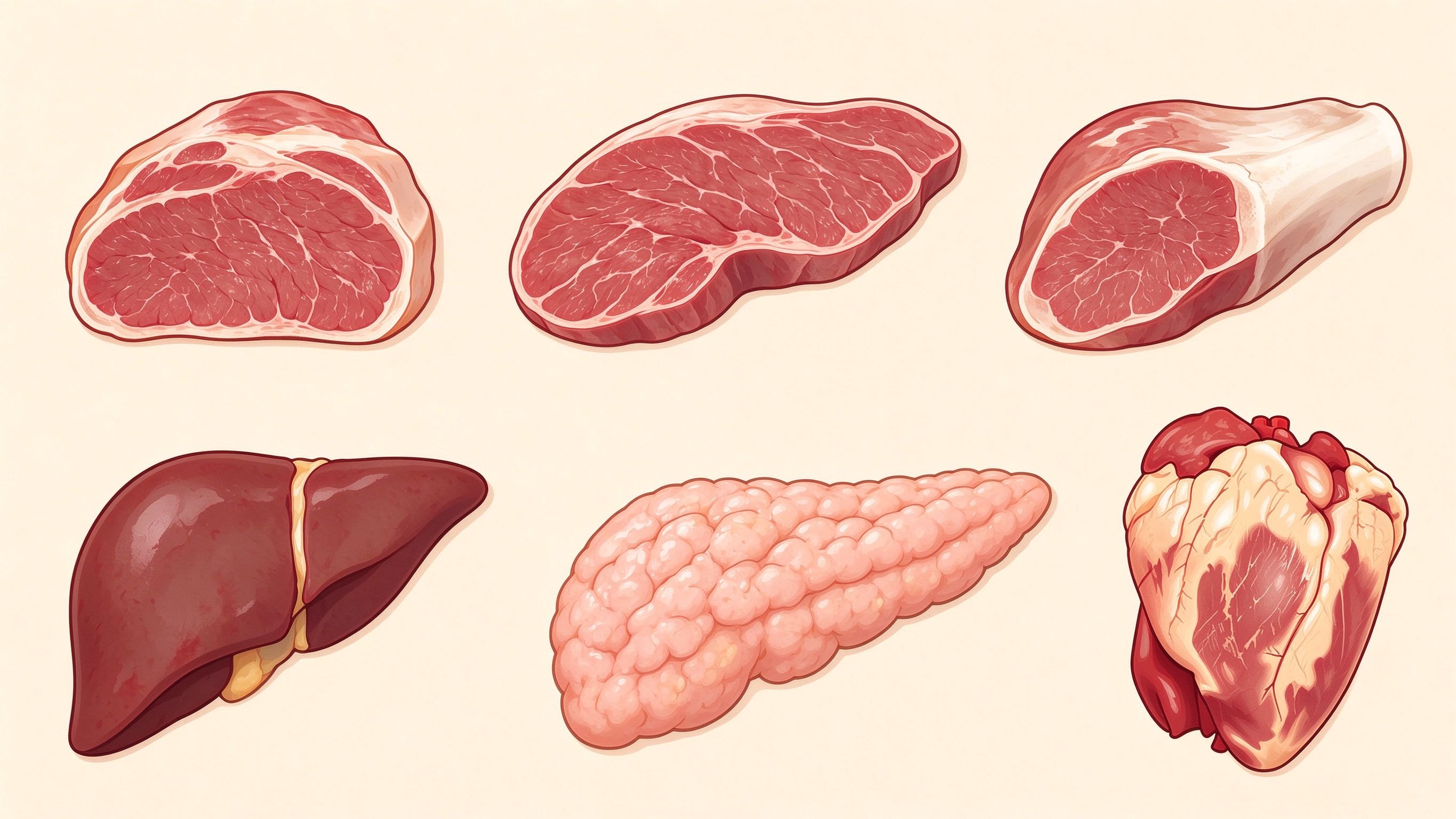 Offal meats annotated picture vocabulary with labeled objects