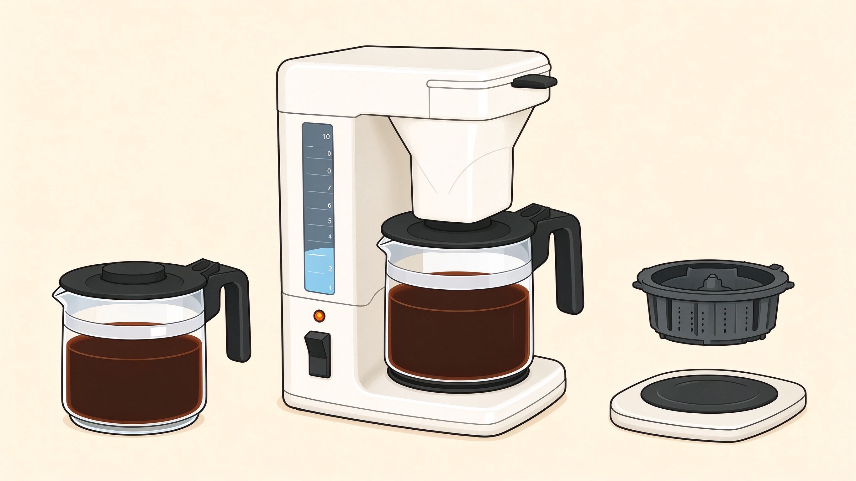 Drip coffee maker annotated picture vocabulary with labeled objects