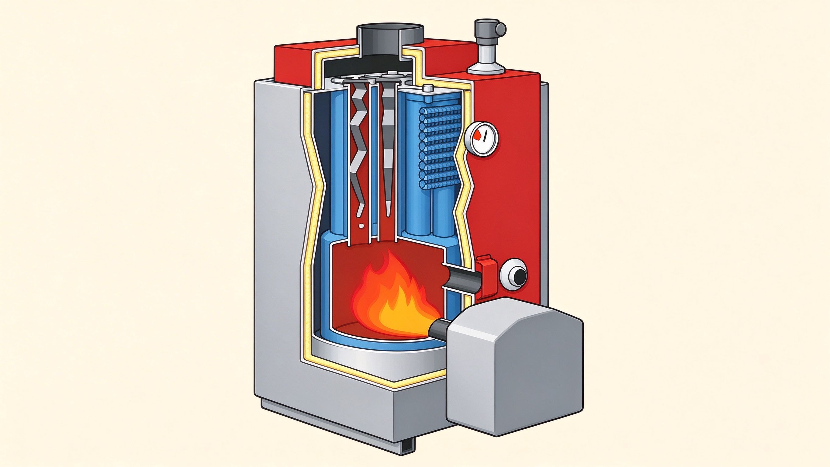 Oil-fired water boiler annotated picture vocabulary with labeled objects