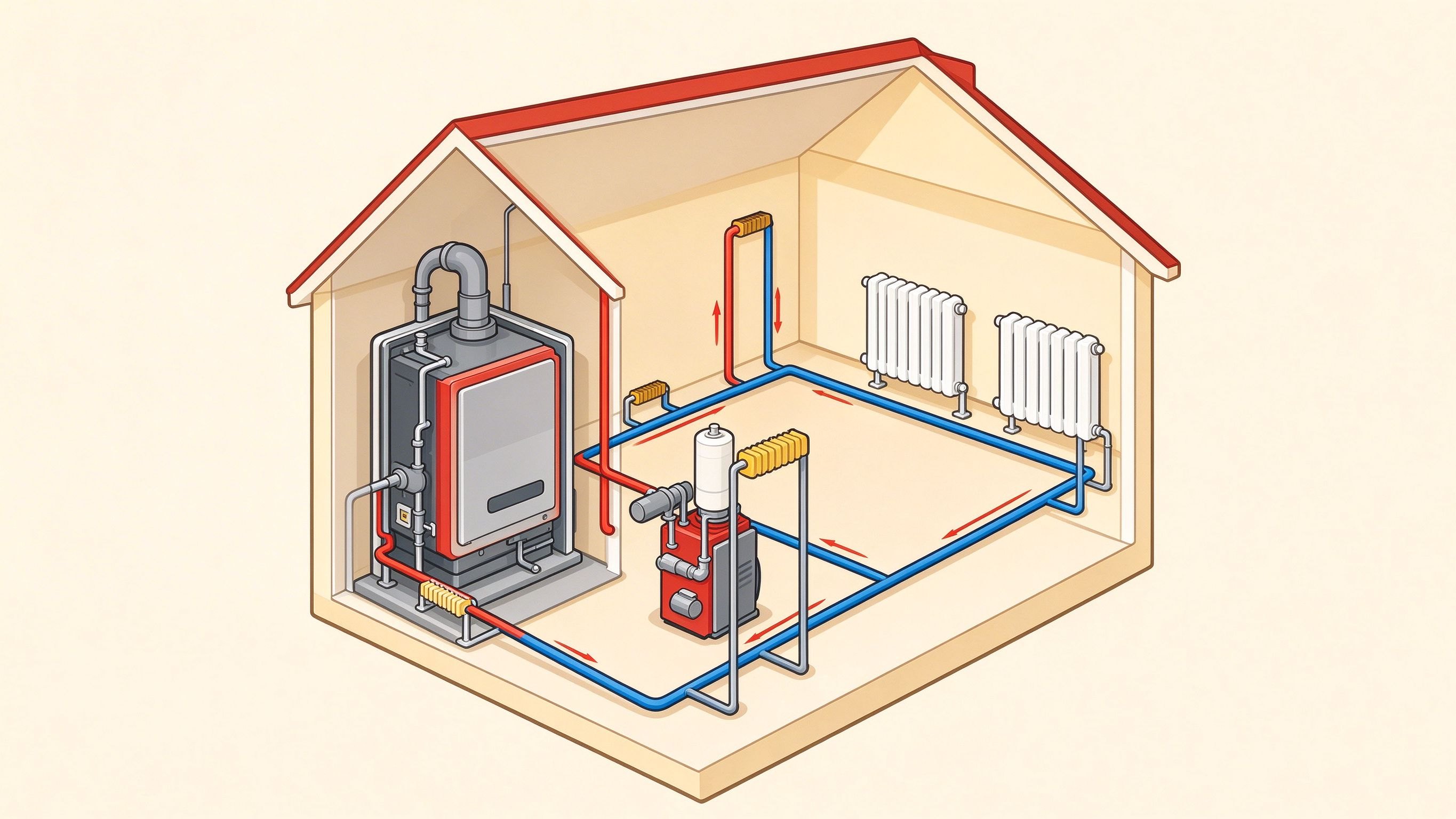 Forced hot water heating annotated picture vocabulary with labeled objects