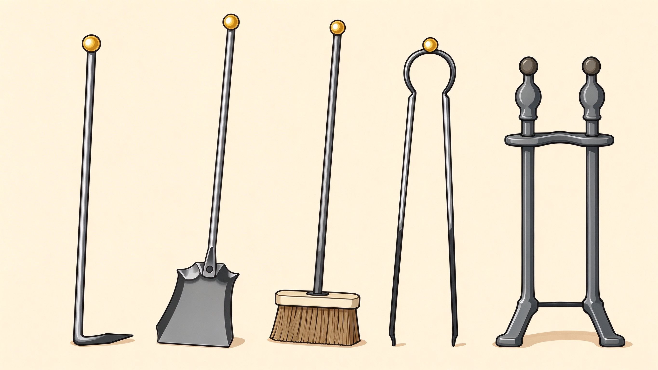 Fireplace tools annotated picture vocabulary with labeled objects