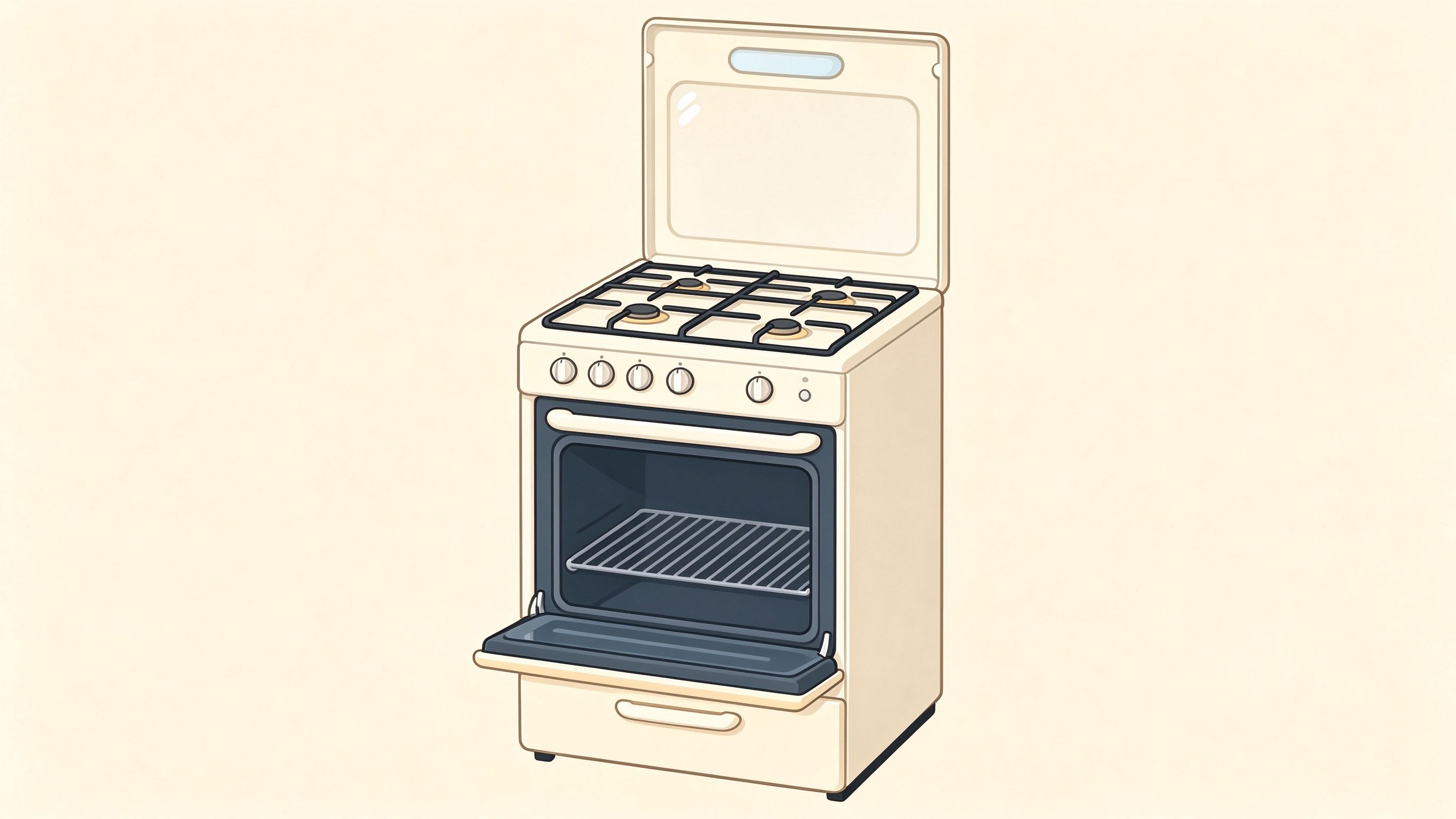 Gas stove annotated picture vocabulary with labeled objects