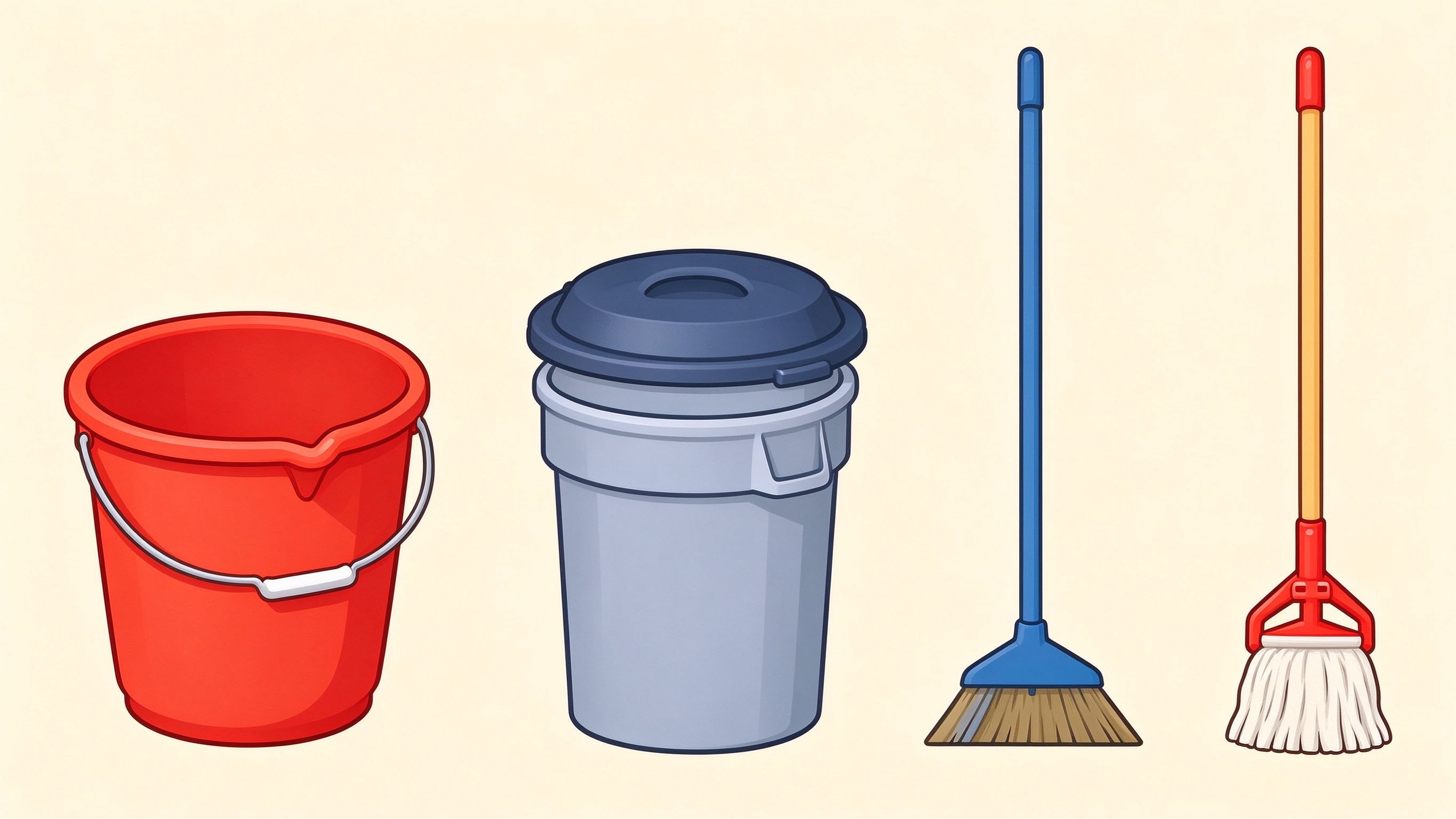 Household cleaning tools annotated picture vocabulary with labeled objects