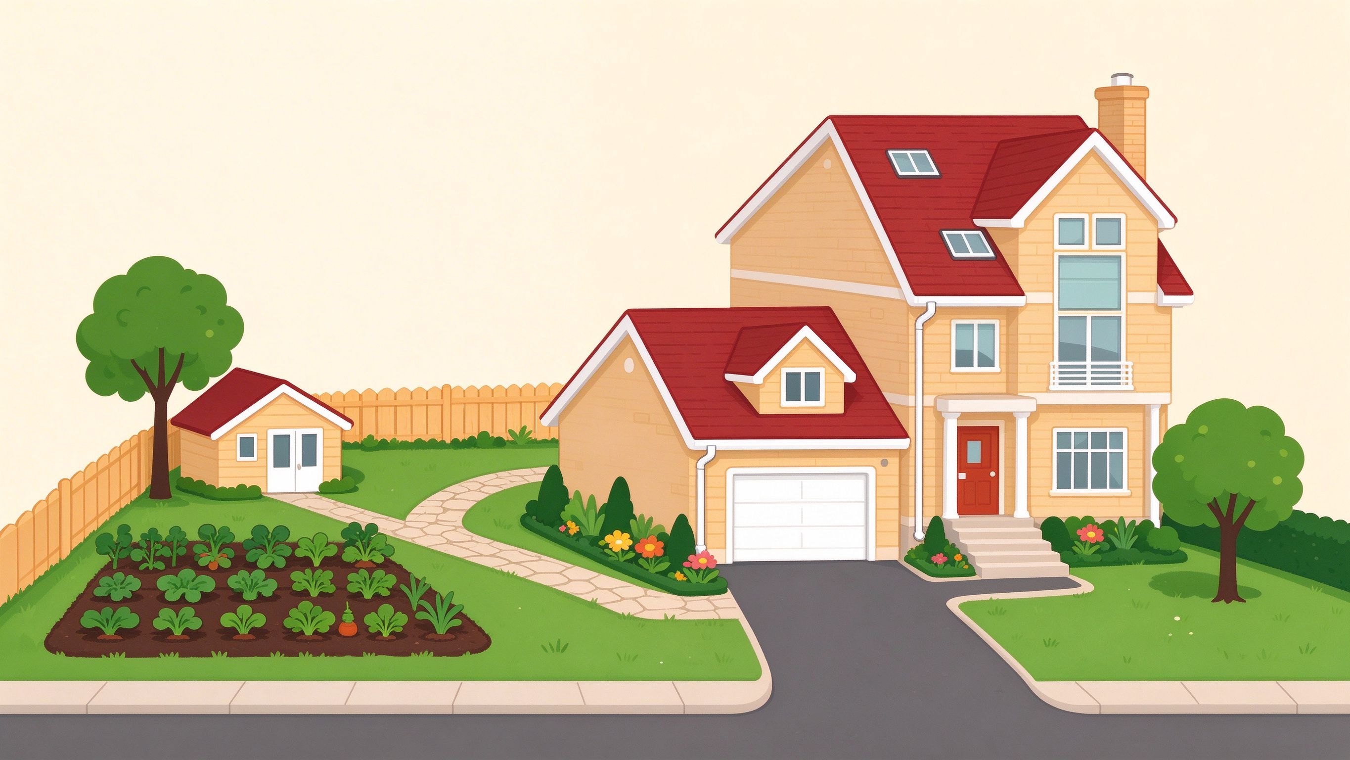 House exterior annotated picture vocabulary with labeled objects