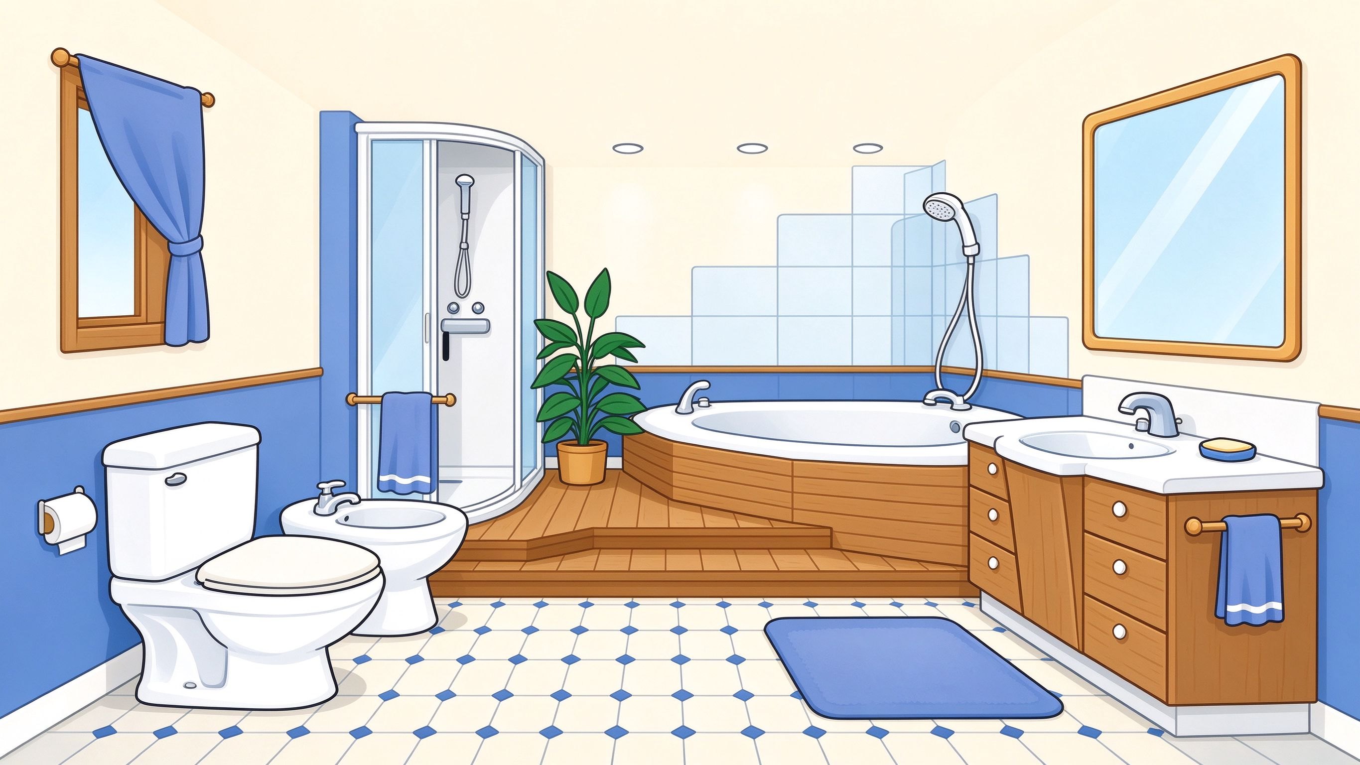 Bathroom annotated picture vocabulary with labeled objects