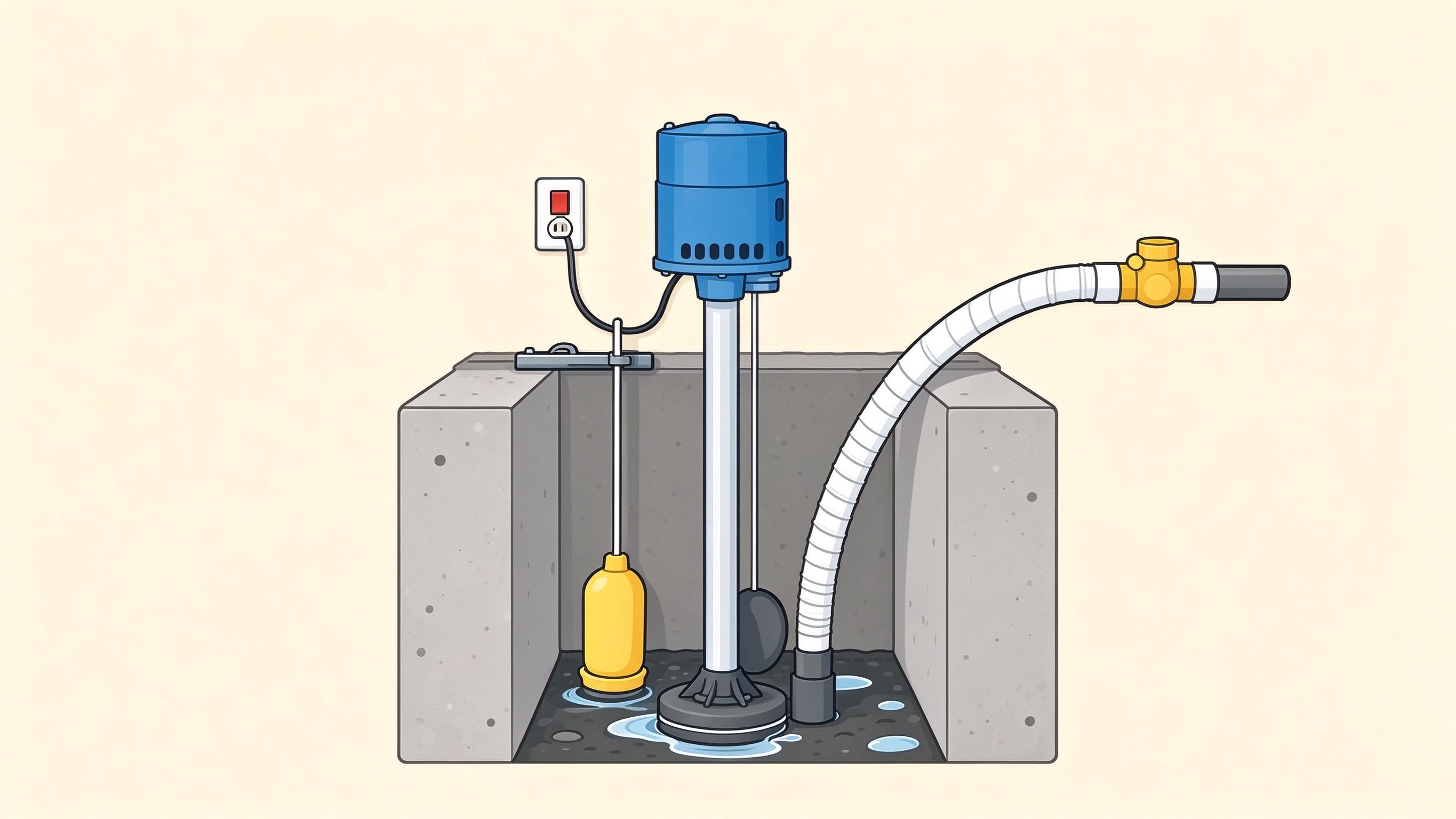 Pedestal sump pump annotated picture vocabulary with labeled objects