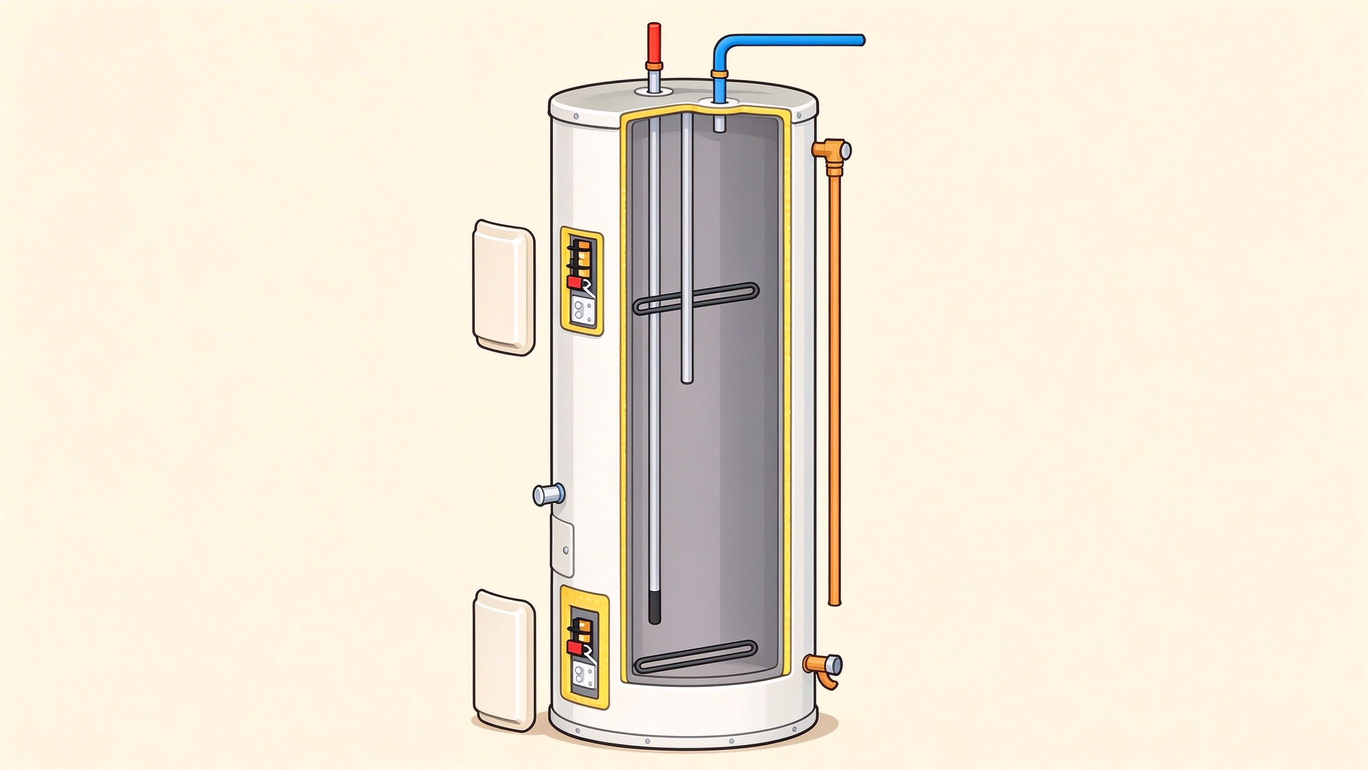 Electric water heater tank annotated picture vocabulary with labeled objects