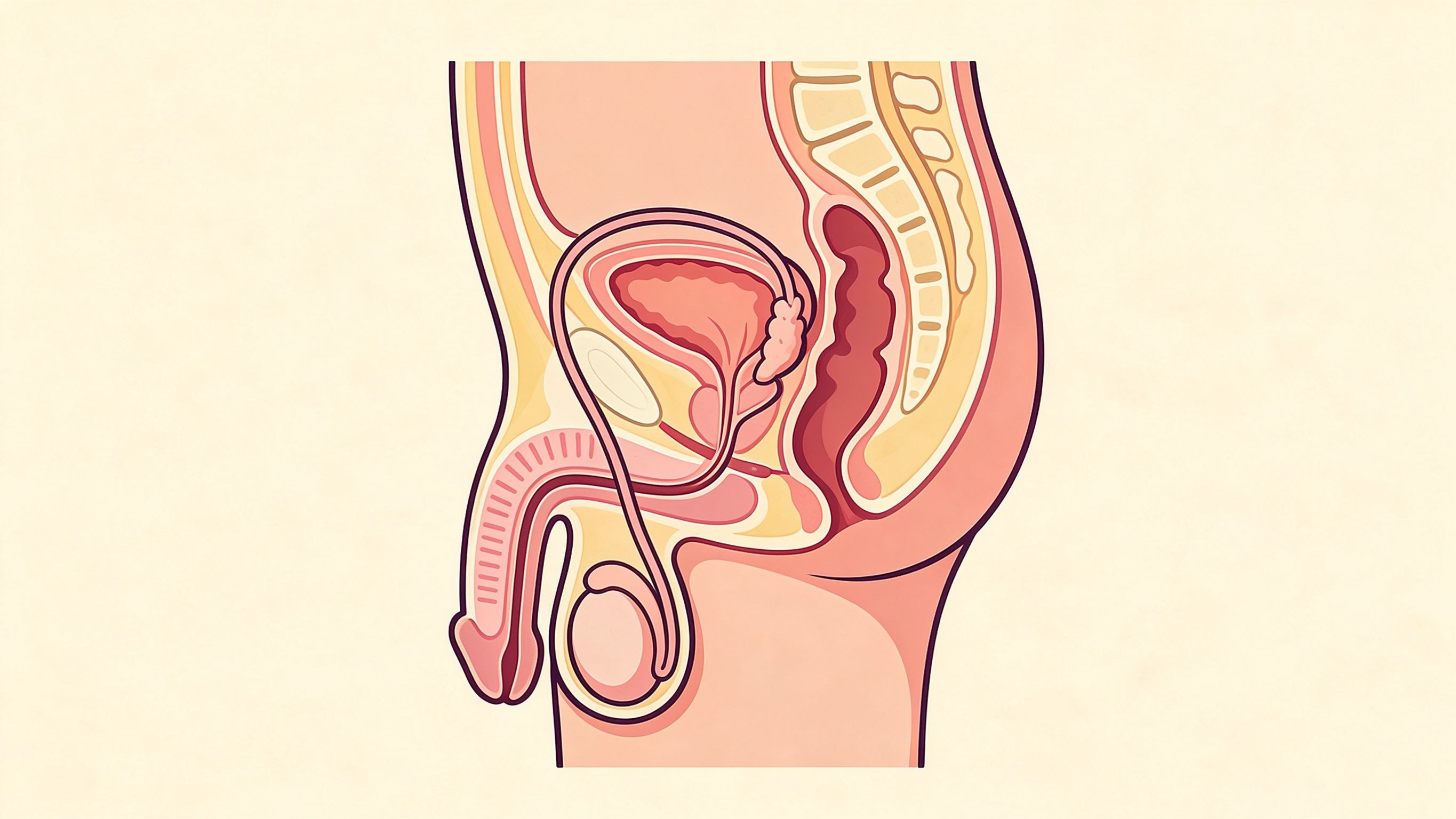 Male reproductive system, sagittal section annotated picture vocabulary with labeled objects