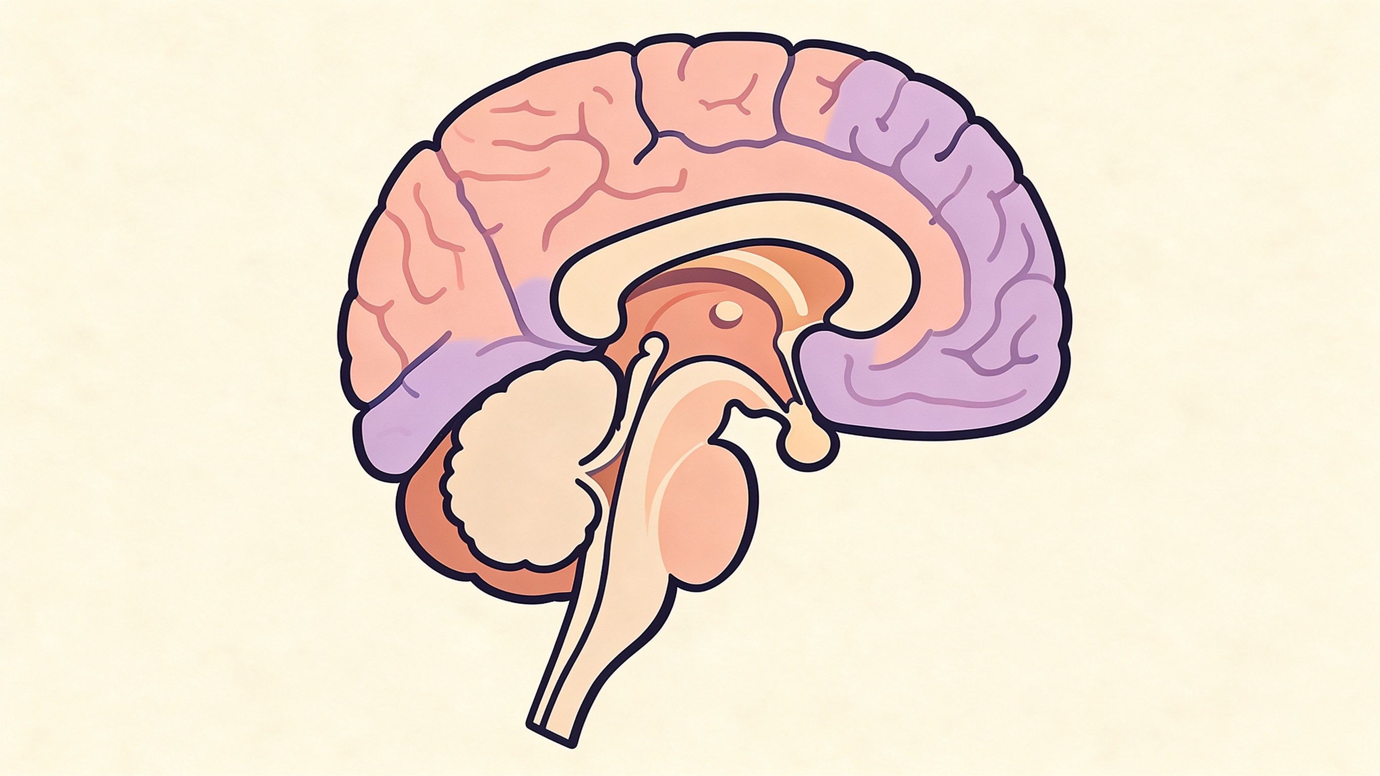 Central nervous system: brain sagittal section annotated picture vocabulary with labeled objects