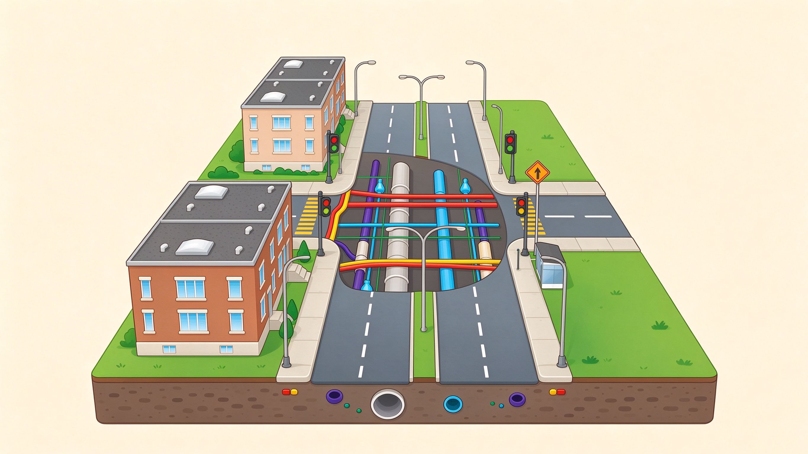 Street cross-section annotated picture vocabulary with labeled objects
