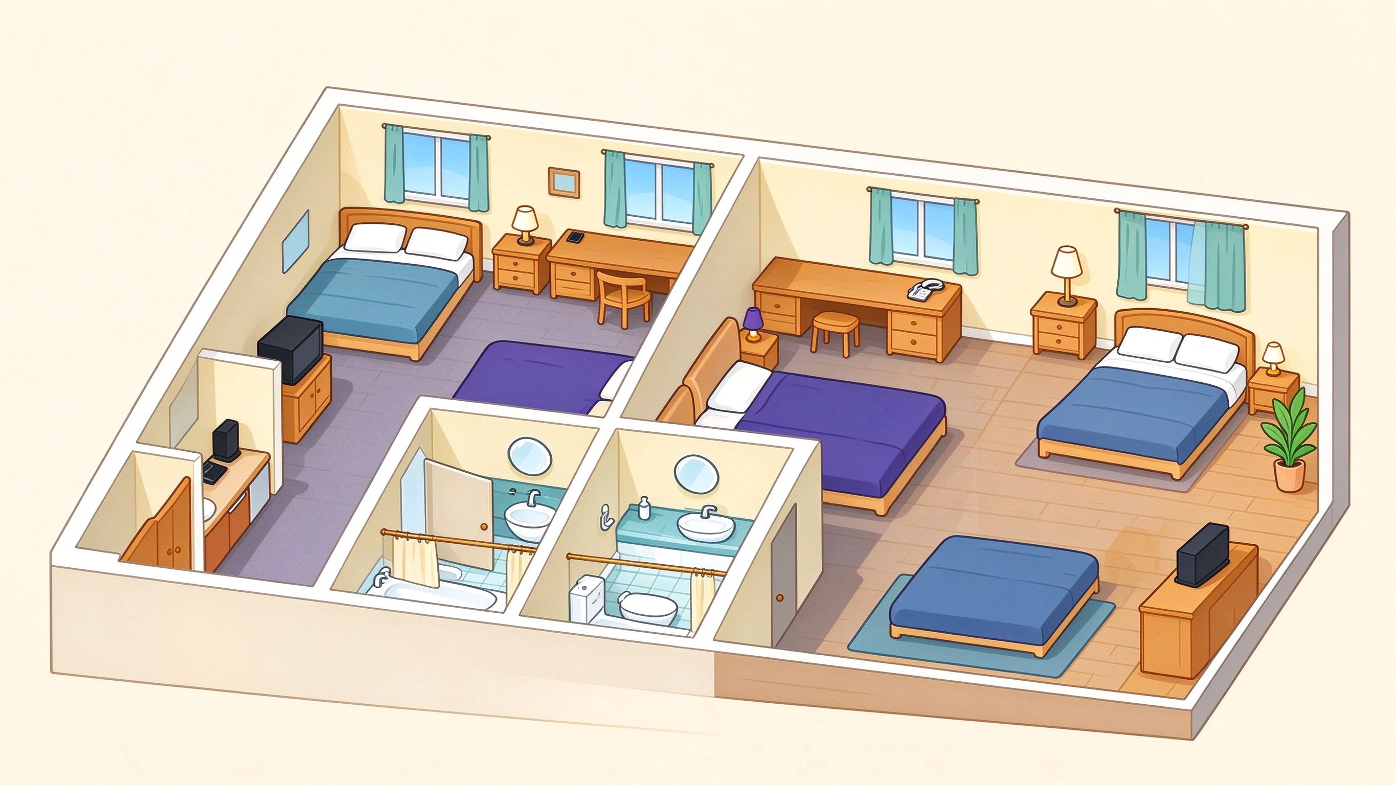 Hotel room annotated picture vocabulary with labeled objects
