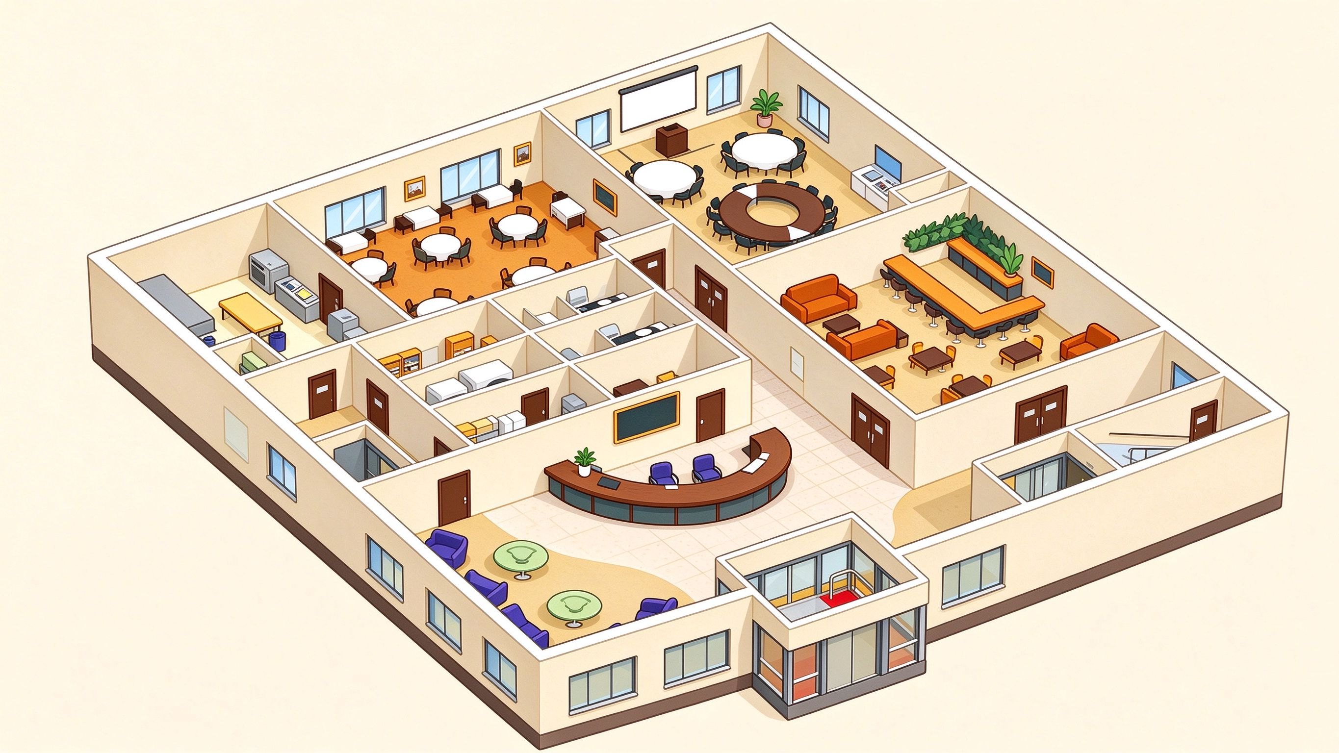 Hotel reception floor annotated picture vocabulary with labeled objects