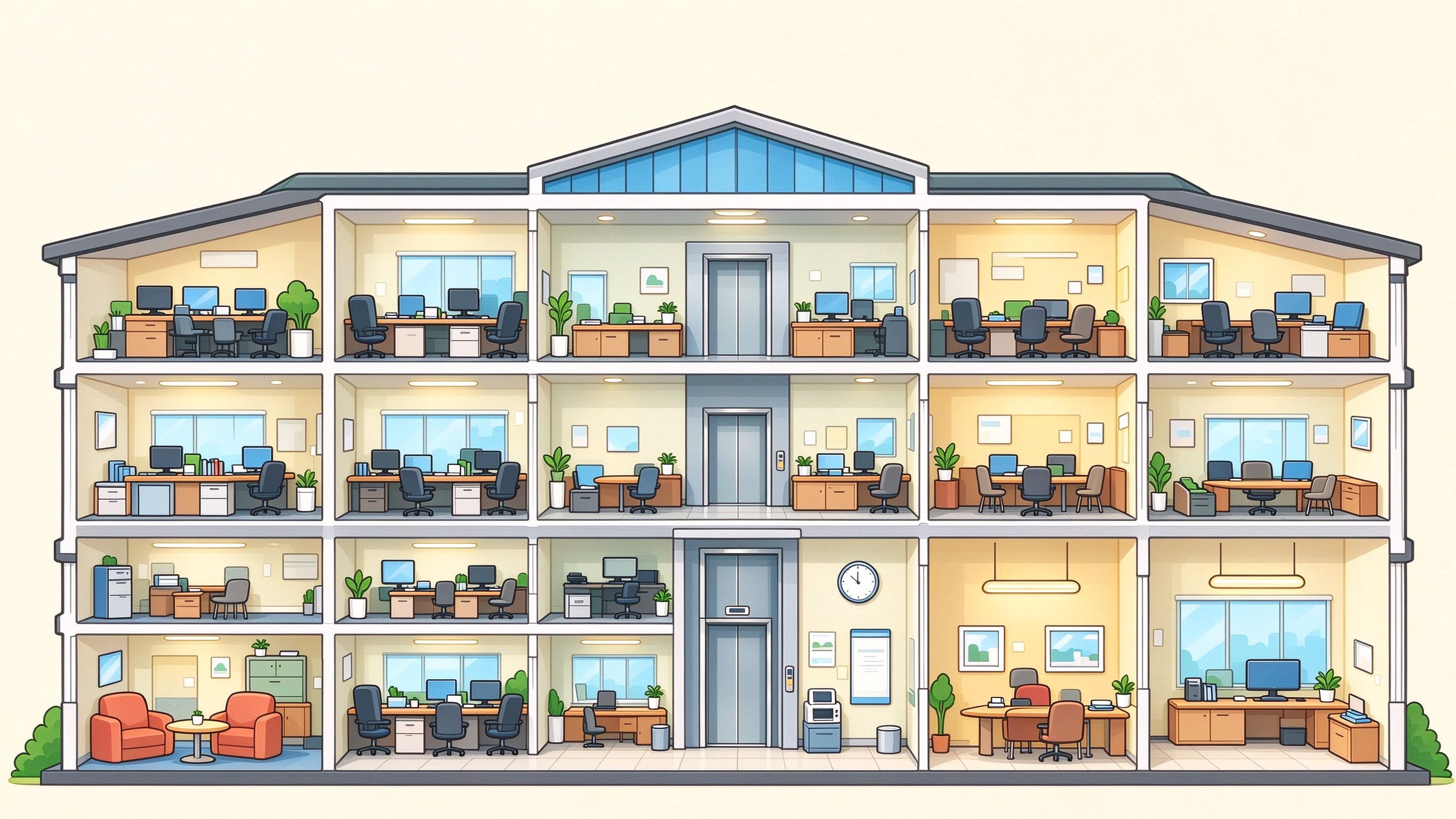 Office building annotated picture vocabulary with labeled objects