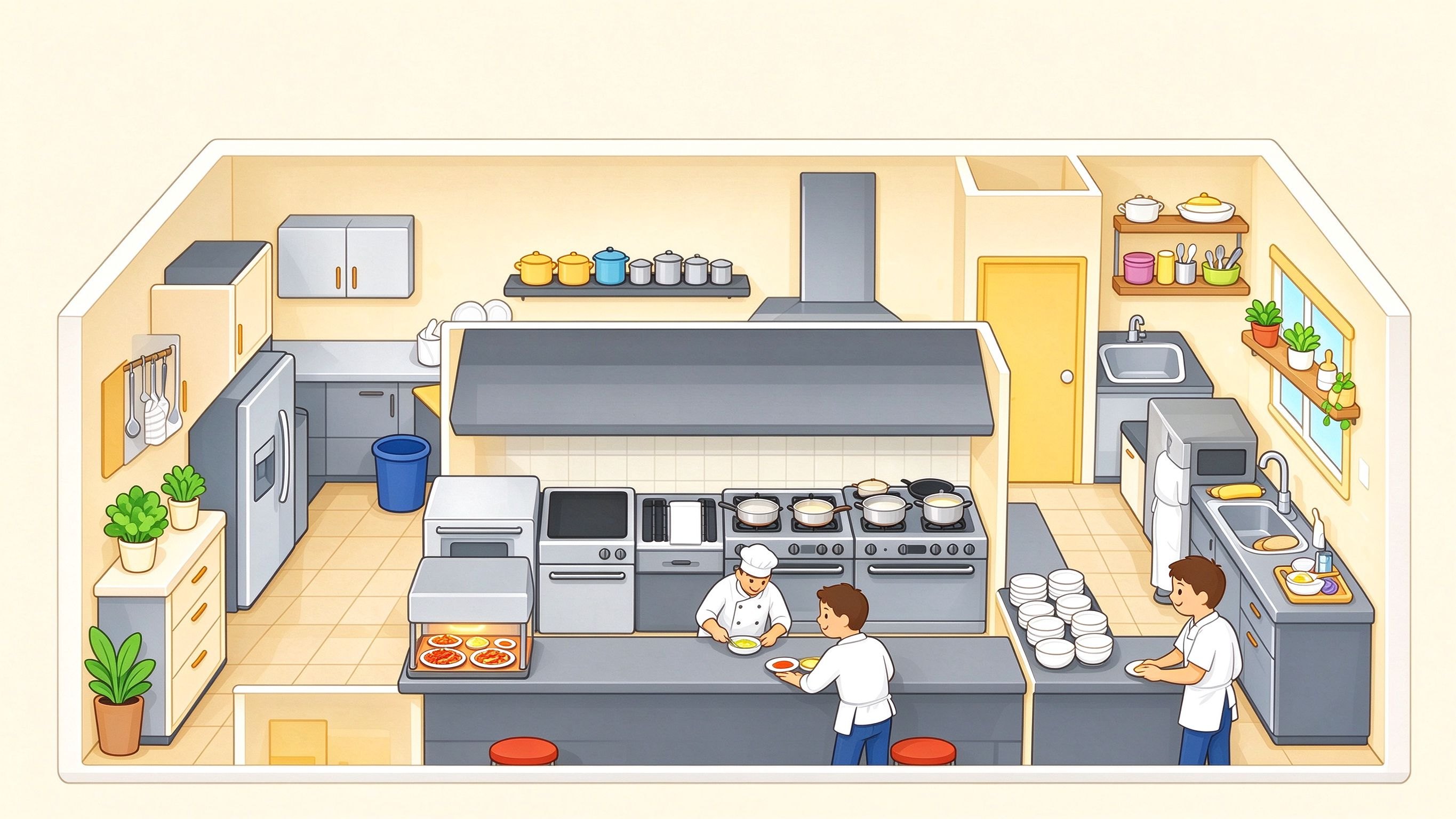 Restaurant kitchen annotated picture vocabulary with labeled objects