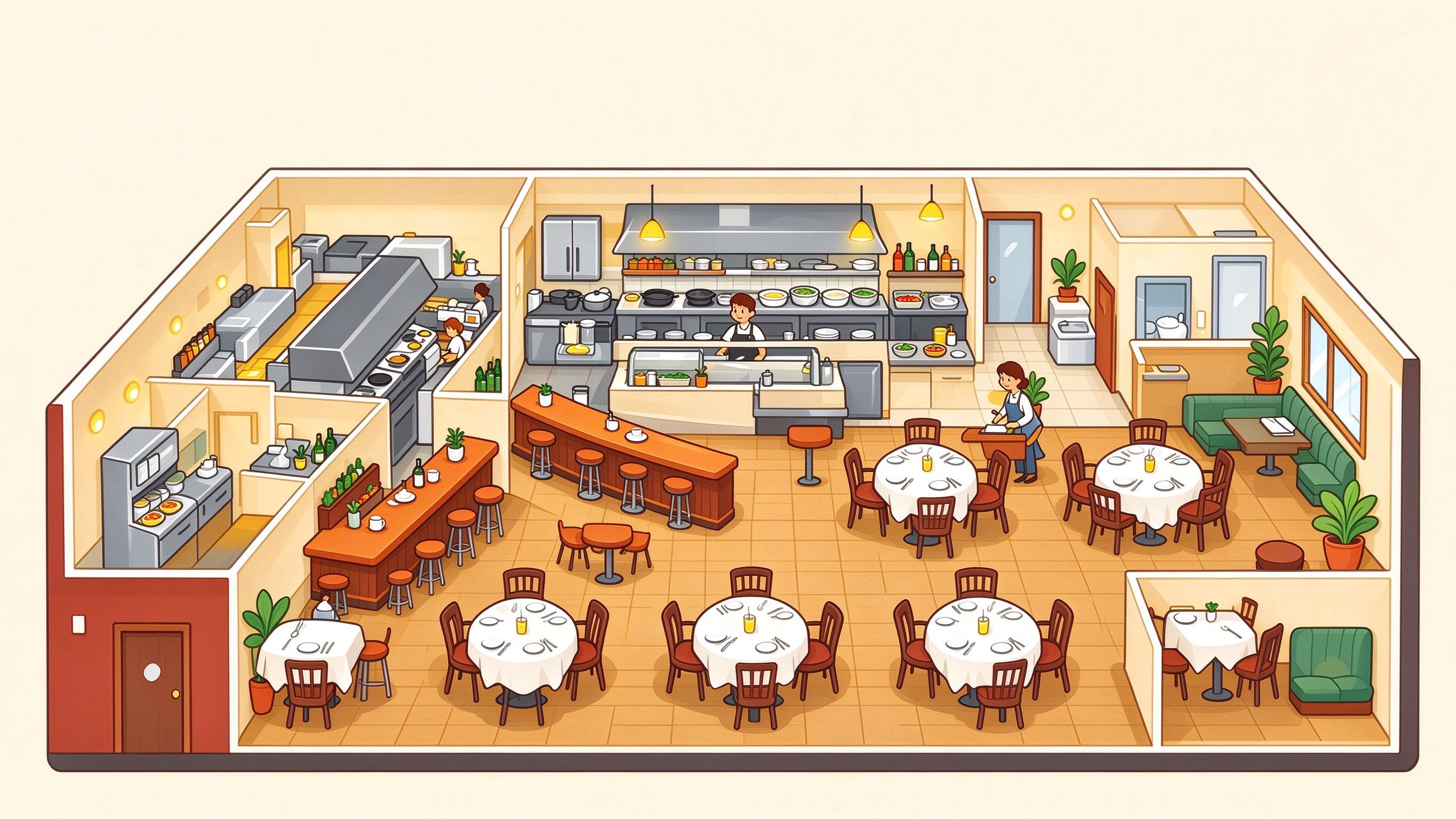 Restaurant annotated picture vocabulary with labeled objects