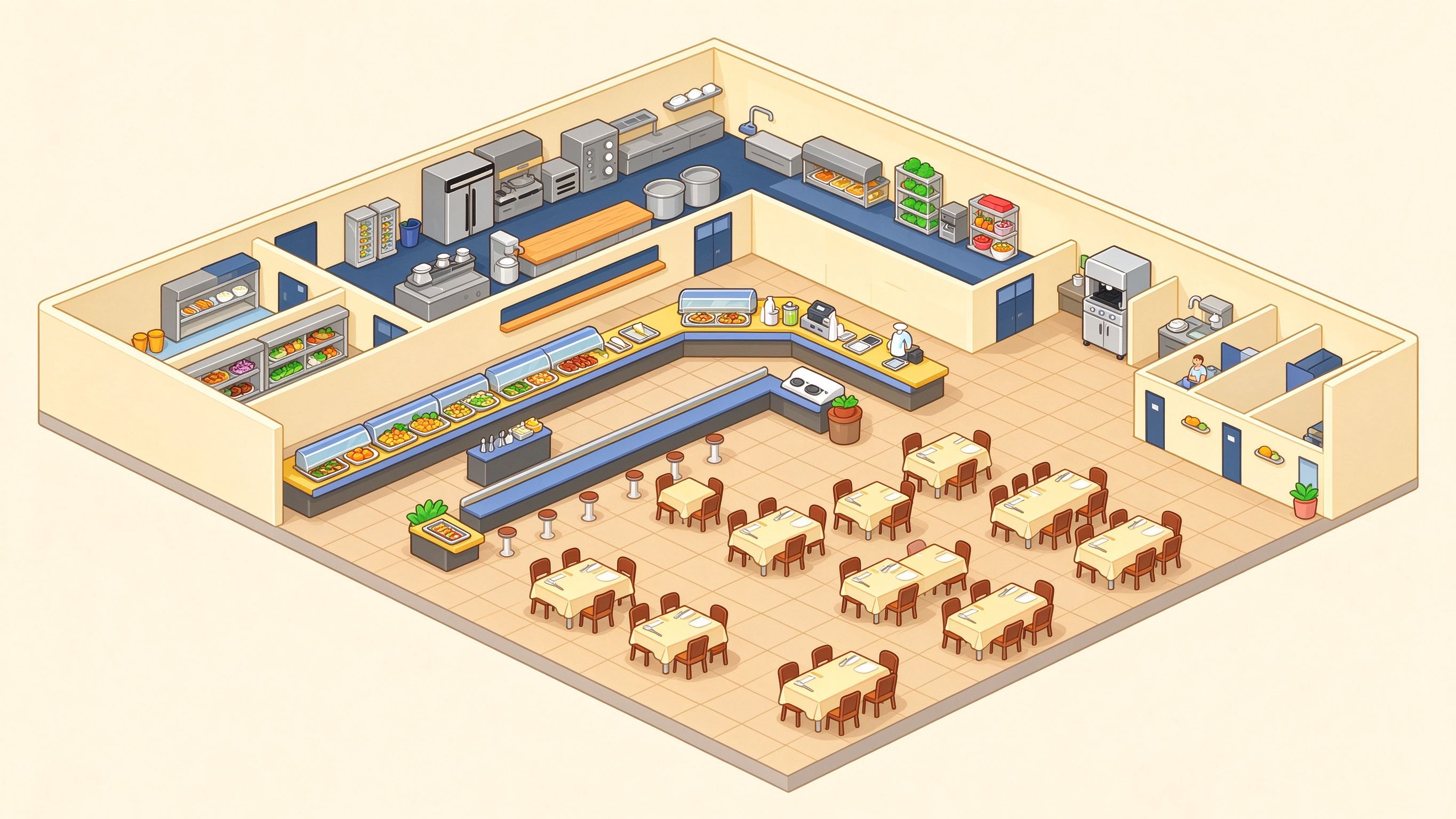Cafeteria Layout 1 annotated picture vocabulary with labeled objects