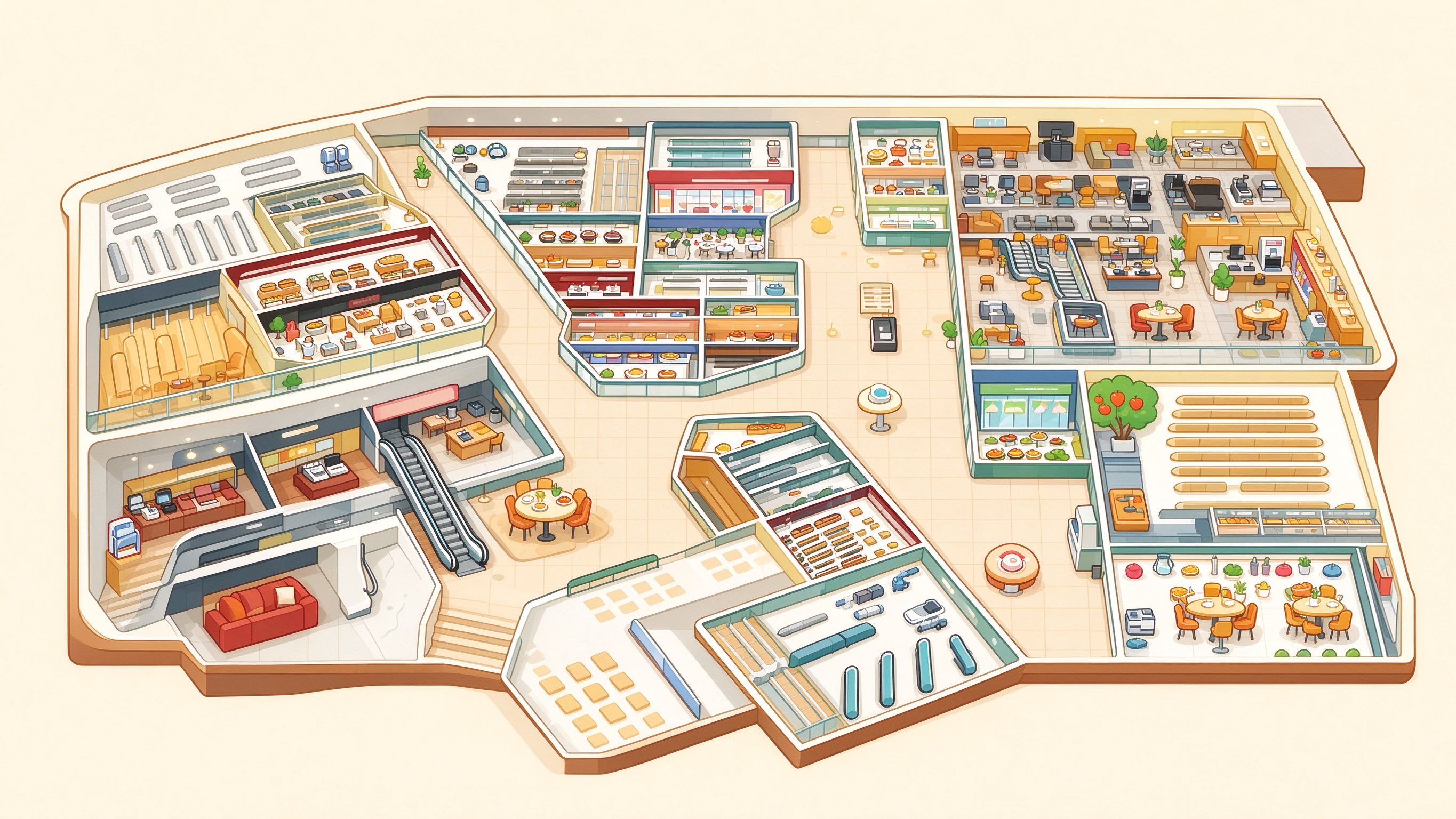 Shopping Mall annotated picture vocabulary with labeled objects