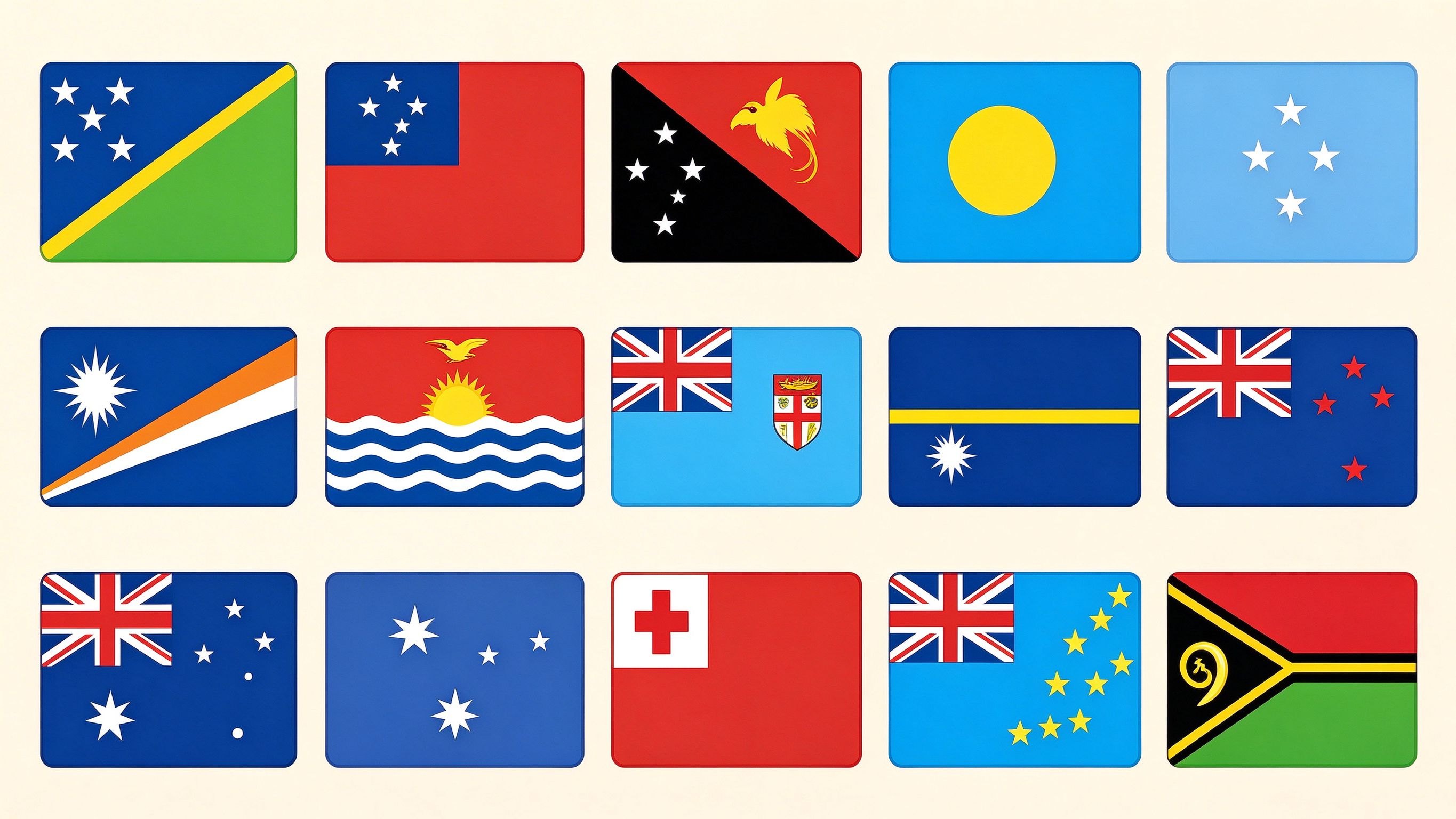 Oceania and Polynesia Flags annotated picture vocabulary with labeled objects